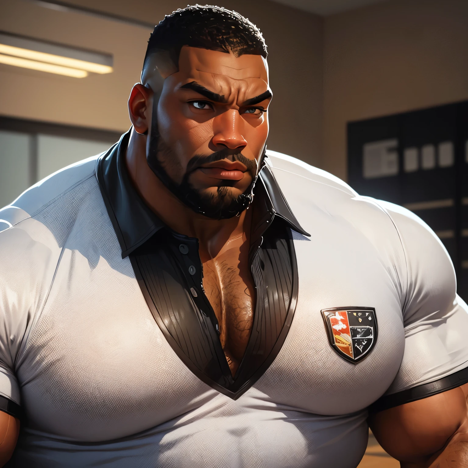 an exaggeratedly muscular and large bodyguard, beefy build, beard, dark-skinned african american male, buzzcut hair with square line, (wearing collared sports jersey 1.2), sports logo patch on shirt, (bara pecs: 1.3), (arm and chest hair: 1.1), close-up portrait HD, (sports facility)