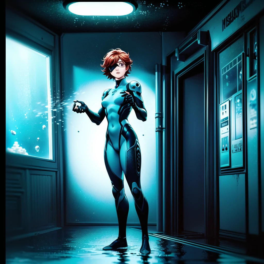 Cartoon photo of woman, Guyver style, SFW version, red eye, bellows tail, cel shade adult animation, serpentine pose,(indoor, masterpiece, best quality, masterpiece, best quality, finely detail, beautiful detailed eyes, ultra detailed, extremely beautiful CG, super detailed skin, best quality, intricate, {{high quality}}, extra colors, 2D, megapixel, perfectionism, accent lighting, full HD, 4K, 1girl, full body, 1girl, solo female, mature female, (((full body)))++, contrapposto, red hair, short hair, weird red hair, short red hair,(( red eyes, ((beautiful detailed eyes right and eye patch on left eyes)))++++, collarbone, best quality, beautifully detailed face, ray tracing, DOF,HDR, thigh-highs, fingerless gloves, skintight clothe, fully clothed, gloves, sneaking suit, tactical gear, tactical uniform, camouflage bodysuit, skintight bodysuit, sneaking suit, tactical gear, full clothed, gainax,
 break,
 indoors, dark science fiction laboratory concept art, concept art, 80' horror movie ambience, full_body_shot, determined_expression, holding_gun,
 dimly_lit, blue_theme, futuristic ceiling with cables, monochrome, mysterious, gauges, control_panels, sonar_equipment, metal_walls, cinematic light, break cinematic medium shot, the body of the character and on the same plane, the size of the character and the scale of the setting, character and in the middle of the corridor and the water reaches his knee, gloomy atmosphere, science fiction background,) 
(outside, deep under water base background, glowing, ((((3800 meters deep under water base)))++, official art, water infiltration, deep under water visible through long and small window, outdoor Pipeline under water see through window, science fiction laboratory, deep under water science fiction laboratory background, low water level on ground, oxygen_tank, coral_reef, aquatic_environment, ), 