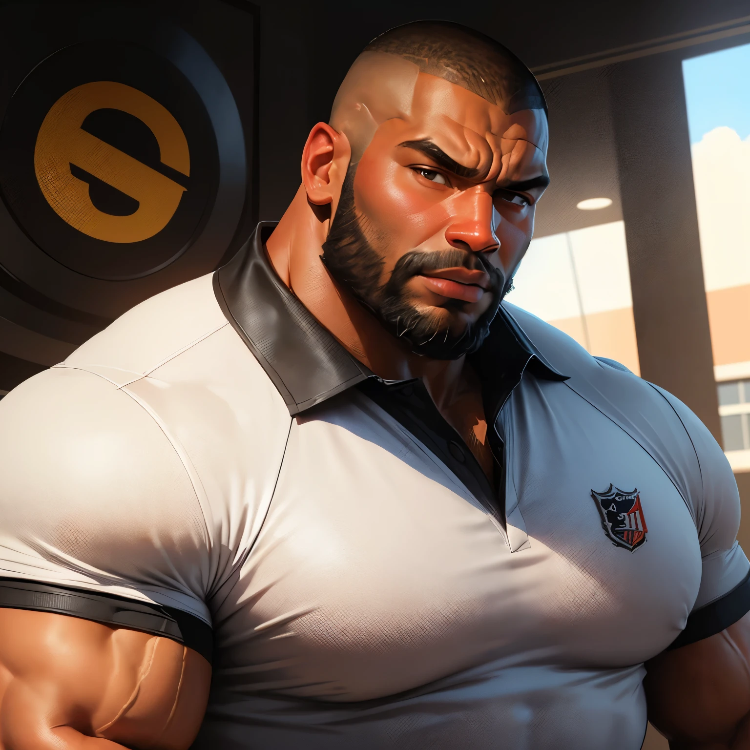 an exaggeratedly muscular and large bodyguard, beefy build, beard, dark-skinned african american male, buzzcut hair with square line, (wearing collared sports jersey 1.2), sports logo patch on shirt, (bara pecs: 1.3), (arm and chest hair: 1.1), close-up portrait HD, (sports facility)