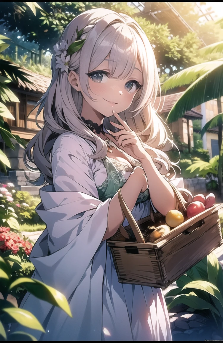 1 garota, elegant floral dress, (orelhas de gato fofas), cabelo branco curto, cativante e gracioso, (olhos detalhados realistas, textura natural da pele, Sorriso gentil), lush garden scenery, Flores desabrochando, banco de ferro ornamentado, detalhes intrincados, soft, dreamy lighting, paleta de cores pastel, profundidade superficial de campo, bokeh da luz do sol salpicado pela folhagem, altamente detalhado, hiper-realista, medium format film camera, fundo naturalmente desfocado,