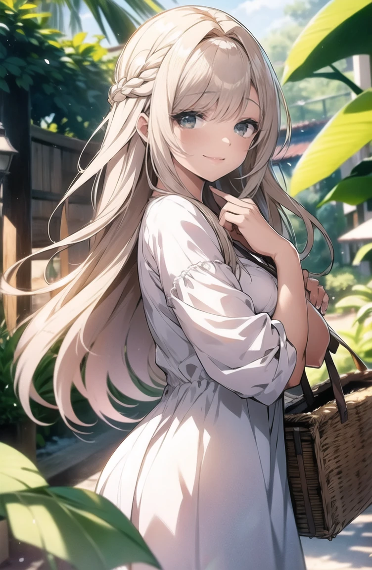 1 garota, elegant floral dress, (orelhas de gato fofas), cabelo branco curto, cativante e gracioso, (olhos detalhados realistas, textura natural da pele, Sorriso gentil), lush garden scenery, Flores desabrochando, banco de ferro ornamentado, detalhes intrincados, soft, dreamy lighting, paleta de cores pastel, profundidade superficial de campo, bokeh da luz do sol salpicado pela folhagem, altamente detalhado, hiper-realista, medium format film camera, fundo naturalmente desfocado,