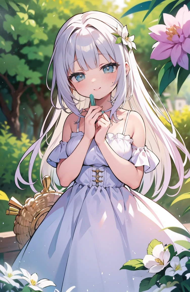 1 garota, elegant floral dress, (orelhas de gato fofas), cabelo branco curto, cativante e gracioso, (olhos detalhados realistas, textura natural da pele, Sorriso gentil), lush garden scenery, Flores desabrochando, banco de ferro ornamentado, detalhes intrincados, soft, dreamy lighting, paleta de cores pastel, profundidade superficial de campo, bokeh da luz do sol salpicado pela folhagem, altamente detalhado, hiper-realista, medium format film camera, fundo naturalmente desfocado,