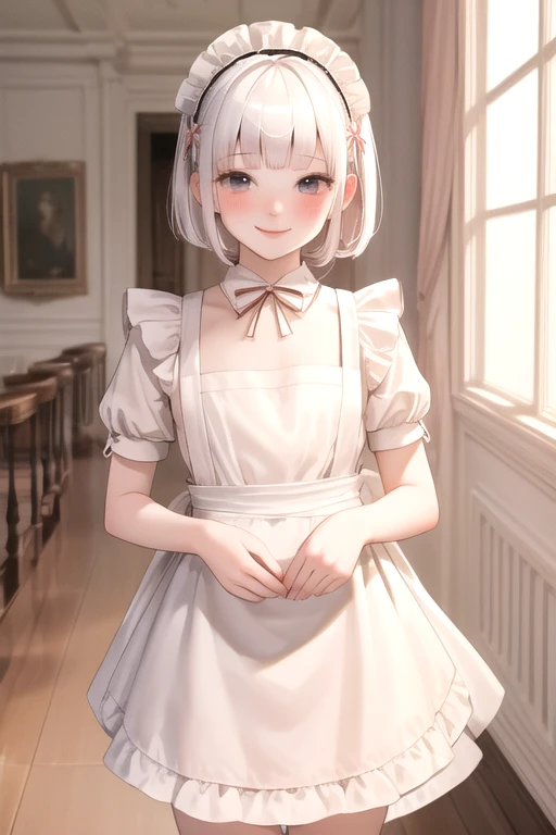 (masterpiece, best quality, absurdres, high details, perfect), 1girl, white hair, short straight hair, blunt bangs, flat chest, narrow waist, grey eyes, petals, pale skin, mansion, indoors, maid, maid headdress, maid apron, cowboy shot, blush, light smile, head tilt, bowing,