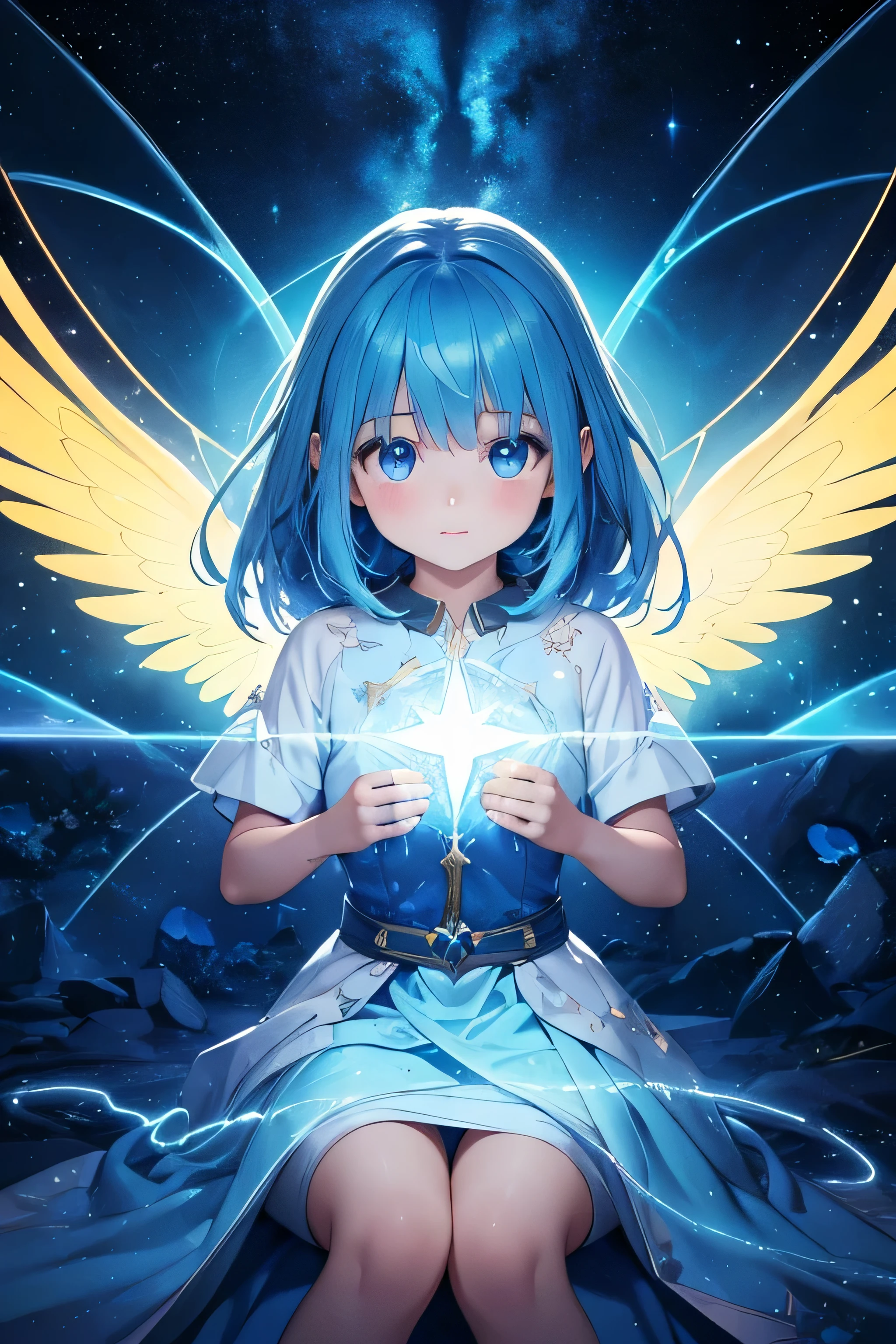 a 9--old l with blue wings and blue hair, in a sea of stars, with a yellow lightning aura, (best quality, highres), ultra-detailed, (realistic:1.37), vibrant colors, mesmerizing lights, ethereal atmosphere, dreamy scenery, fantasy theme, enchanting beauty
