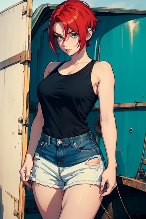 young woman, riley nixon haircut, shaved hair, red hair, very short hair, bald, blue tank t-shirt shirt, riley nixon haircut, lipstick, in a mechanic, Looking at the viewer, 4k