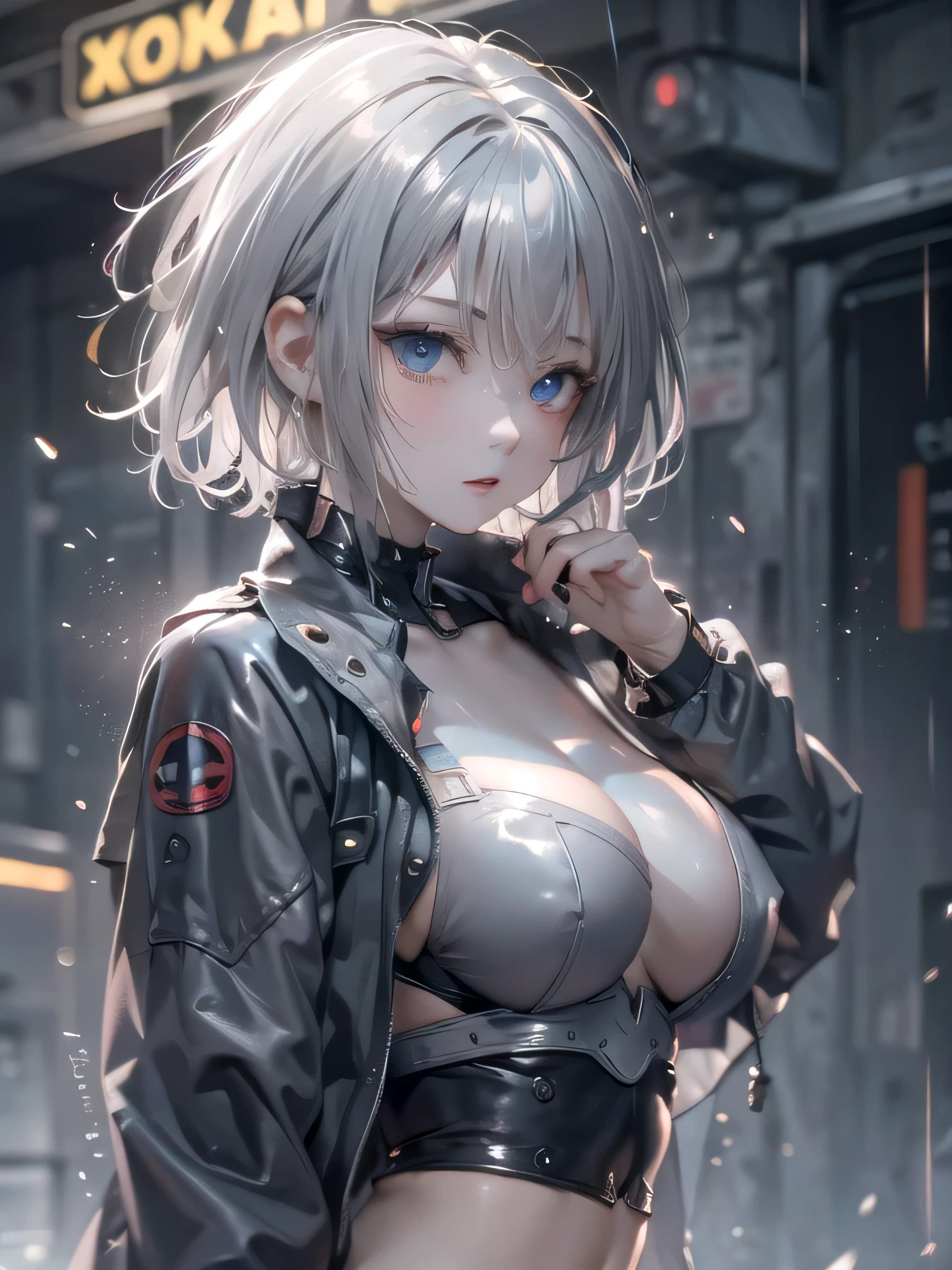 (photorealistic:1.8, highest quality:1.8,8K masterpiece:1.8,High resolution,muste piece:1.8,RAW Photos,cinematic lighting)、cyber punk、Back alley at night in the city、rain-soaked ground、vapor、
(1 android girl:1.3)、Misaka Mikoto、succubus、half coat、Completely naked、light clothing、choker、(elation:1.4)、plump nipples、(cameltoe),No split screen,slender abs:1.2、shining blue eyes、
Provocative sexy poses、look back、spread your legs、
(short Hair:1.2,Beautiful, shining pale-grey silver hair:1.5)、Stoic