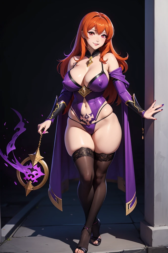 masterpiece, ultra-detailed, extra colors, 2D, megapixel, perfectionism, accent lighting, full HD , 4K, fire_emblem (style),witch (fire emblem), hentai(style), (evil witch celica_(fire_emblem) :1,7),1girl, standing, looking at viewer, can't be this cute, corruption, dark persona,(purple skin:1,5), colored skin, evil_queen, possession, bad end, smile, lips, eyelashes, pubic hair, innie , black lipstick, evil grin, big breasts, covered nipples visible through clothing, areolae, licking, piercing, voluptuous, pubic tattoo, dark aura, crotch_tattoo, collarbone, veins on body, orange hair, ((red demon eyes and black sclera)), weird hair, purple skin, purple nails, short hair, revealing clothes, cleavage, open toe shoes, thighhighs, panties, between , skin tight, black clothing, gradient background, alternate costume, curvy,Satou Kuuki art, Satou Kuuki style, Satou Kuuki illustration,