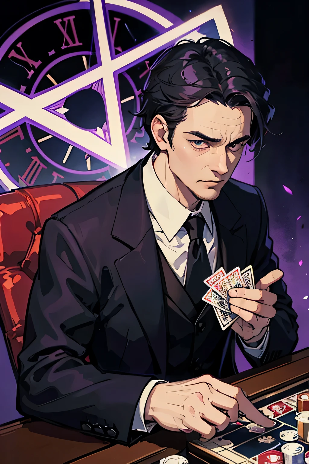 (purple, dark, casiho dealer-like),[joker card],1man,50 years old,eyes with deep wrinkles,playing card suit pattern on his black suit,holding a "joker" playing card in his hand,background with casino elements,specifically themed decorations,like dice,roulette wheel,slot machines,neon lights,shadows and reflections from the lights,spectacular show lighting effects,sharp focus on the character,photorealistic,masterpiece:1.2, vibrant colors,high contrast,anime style