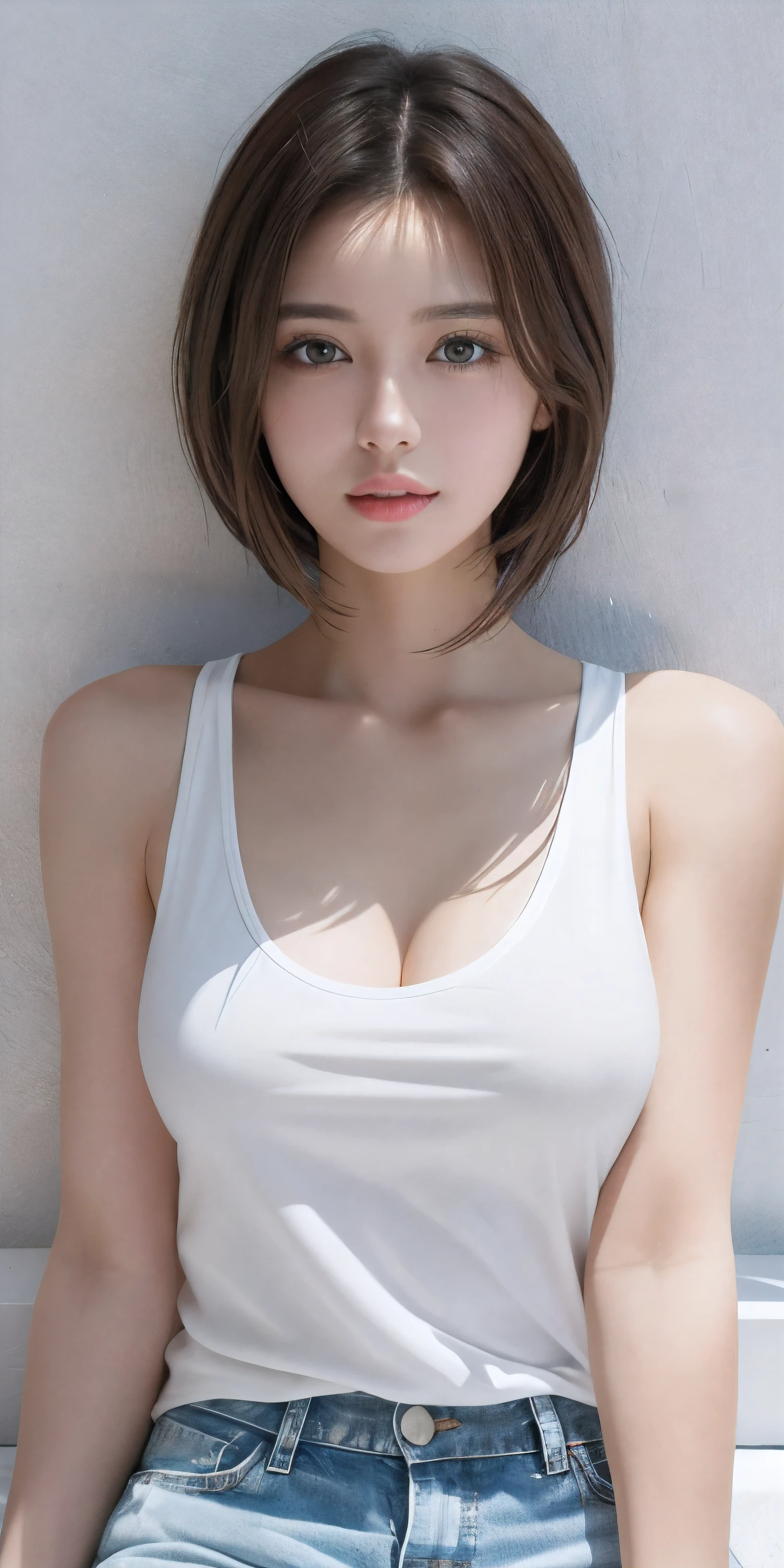 Photoreal、Masseter muscle part、highest quality、High resolution、Raw photo、realistic、bright lighting、face light、smooth professional lighting、japanese woman、Beautiful woman、modeled、gravure、sexy、super beautiful、realistic and beautiful skin、beautiful and detailed eyes、detailed face、slim、medium big breasts、short hair、brunette colored hair、brown eyes、looking at camera、white tank top、shorts、Pose for a photo