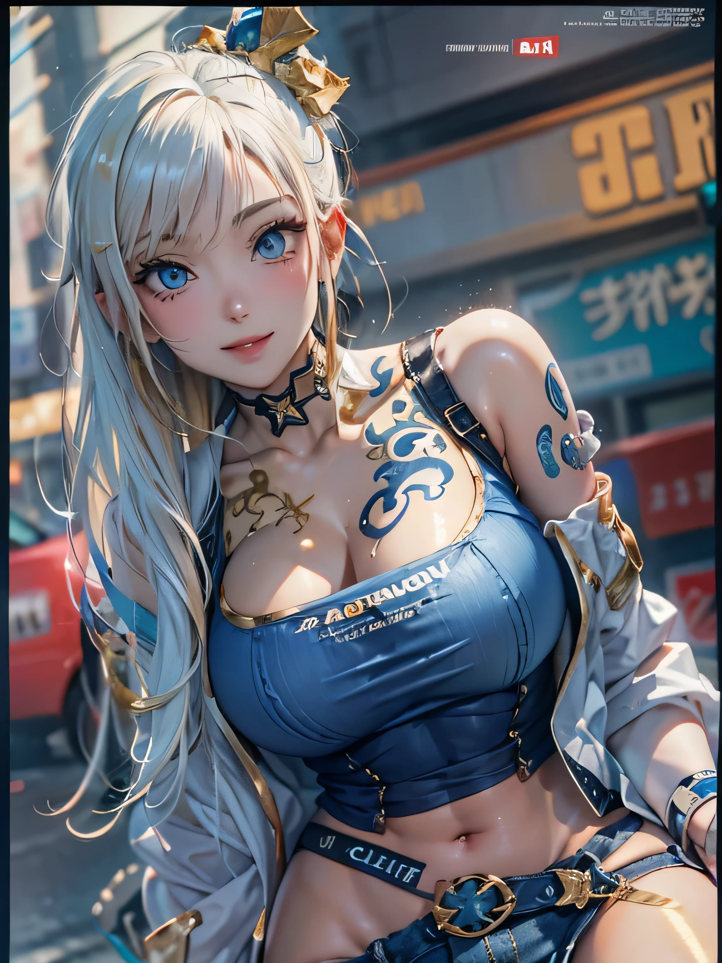 (photorealistic:1.8, highest quality:1.8,8K masterpiece:1.8,High resolution,muste piece:1.8,RAW Photos,cinematic lighting),No split screen, cyber punk、Highway at night、rain-soaked ground、
(1 android girl:1.3)、Completely naked、Full body tattoo、choker、beautiful breasts、T-shirt、denim mini skirt、beautiful butt、beautiful thighs,plump nipples、Nipples are visible through the costume,cameltoe,Body painting with a pop design drawn all over the body、pop art design、cutting edge fashion、conceptual art、
Provocative sexy poses、look back、spread your legs、kick、
(Beautifully shining vermilion, blue, white and golden hair:1.5)、shining blue eyes、Shy Smile