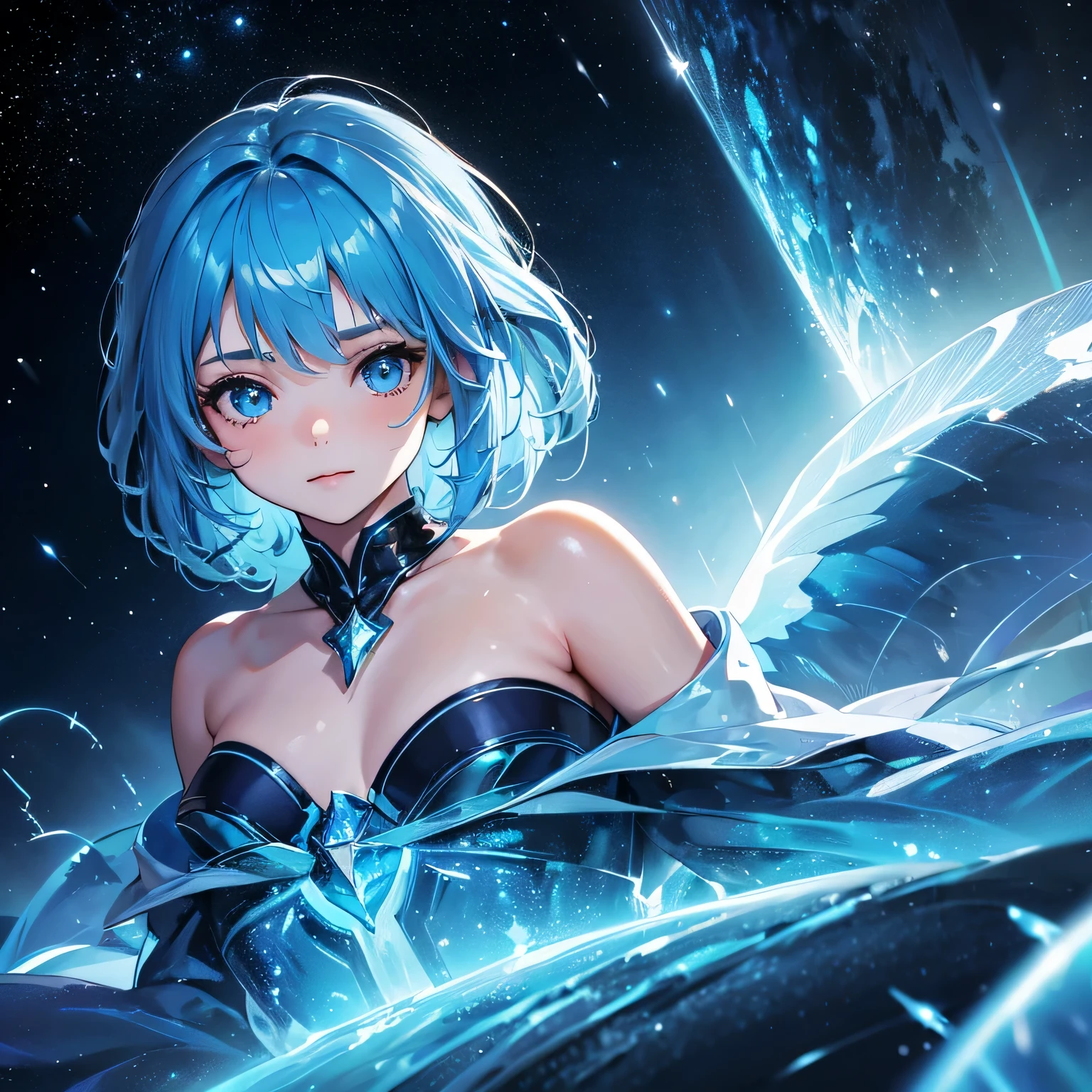 a 9-year-old girl with blue wings and blue hair, in a sea of stars, with a yellow lightning aura, (best quality, highres), ultra-detailed, (realistic:1.37), vibrant colors, mesmerizing lights, ethereal atmosphere, dreamy scenery, fantasy theme, enchanting beauty
