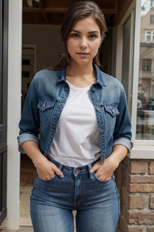 realistic photo of woman with blonde blue eyes and wearing jeans instagram influencer