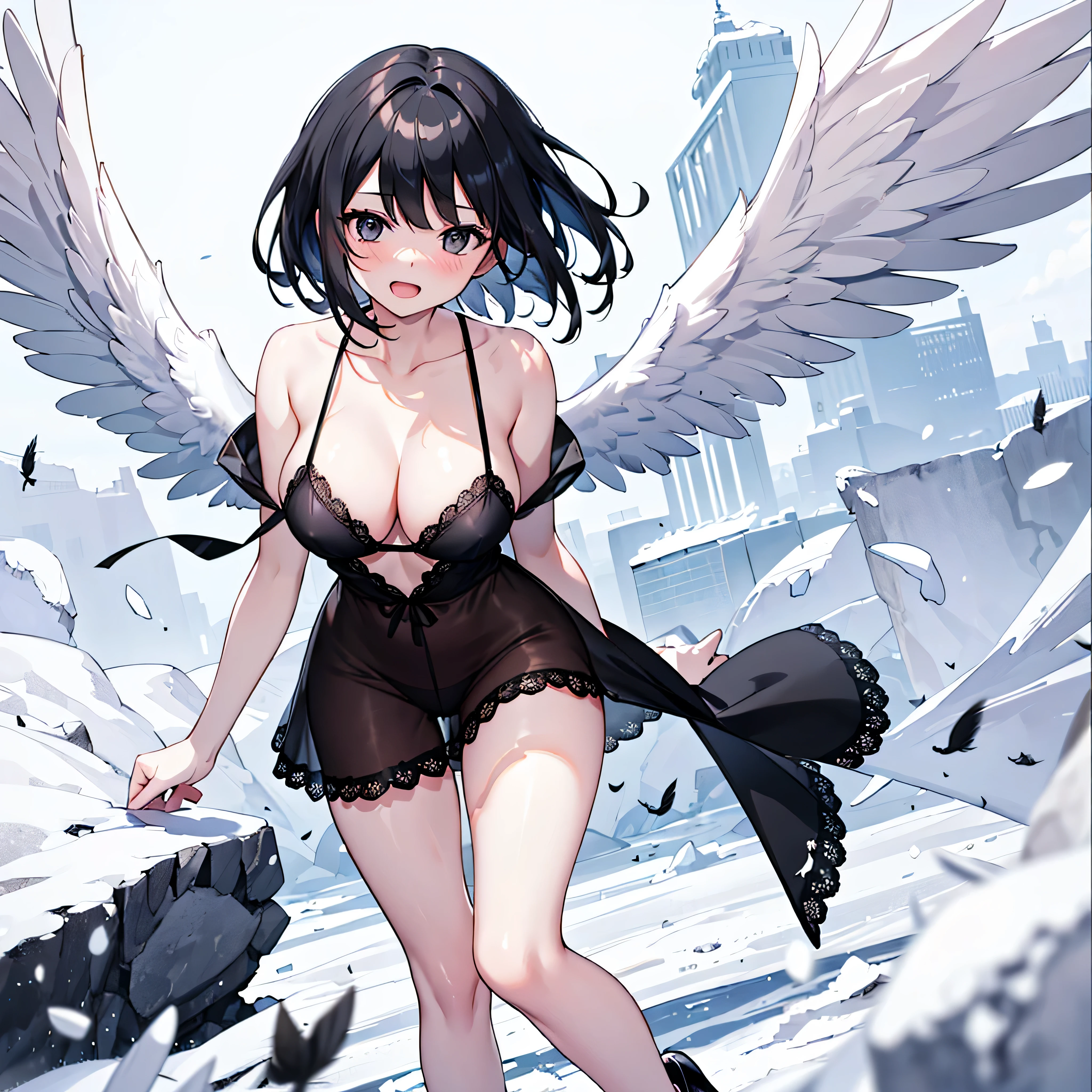 (1 seraphim girl standing on peak of frozen snowy mountain) higher than overcast, blowing frozen wind, (solo), swinging back, multiple wings, (she has 12 wings on her back), (6 white wings:1.5) and (6 black wings:1.5), BREAK, (wearing nothing without a lace trimmed sheer short black chemise:1.4), (black plunging neckline), too short black skirt flapping by wind, stiletto heels, BREAK, (black short hair:1.3), sidelocks, black eyes, (bouncing large breasts), cleavage, inconceivably narrow waist, bared skinny arms, bared skinny long legs, thigh gap, tiptoe, BREAK, , nose blush, smile for viewer, open mouth, orgasm, BREAK, full body, (extremely detailed CG unity 8k wallpaper), (beautiful detailed), (ultra high resolution), (masterpiece:1.2), (best quality), (beautiful illustration)