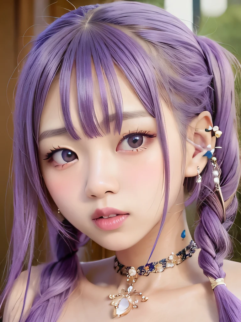 live-action、Realistic、A young girl standing in the grass、The age is6age、16K、naked、Small breasts、completely naked、twin tails、bright purple hair、blue eyes、Purple Hair、elf ears、clavicle、young girl、completely naked、naked、young girl、Braid、ponytail、nipple、ethnic tattoo on neck、upper body close-up、ethnic tattoo、tattoo、tattoo on neck、