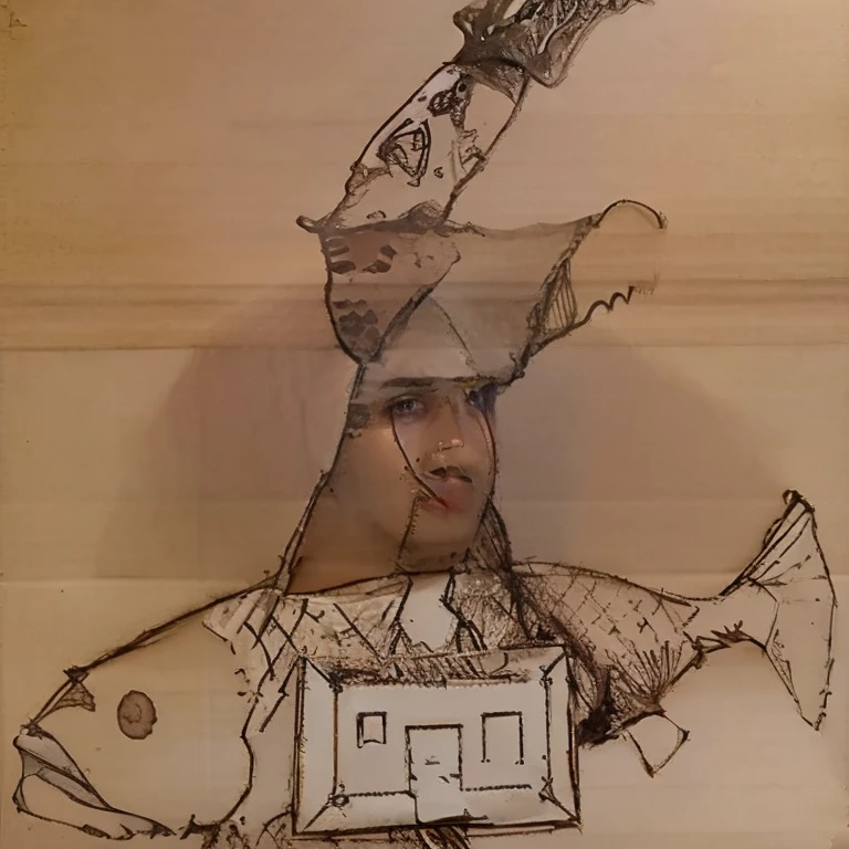 Hombre de sombrero alto botando humo, metido dentro de un disfraz de pez, estilo realista, with a suitcase in his hand showing an interior room with lighting in the background