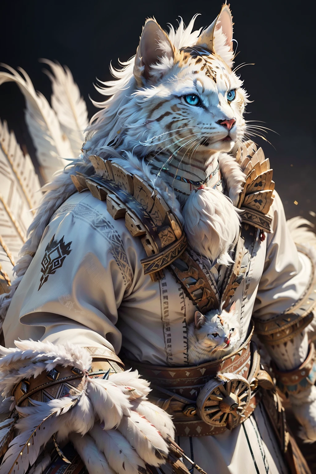 An anthropomorphic dignified white cat sits with a happy expression, Decorated with intricate feathers and battle paint. wearing western clothes, This majestic feline embodies the spirit of Native American tribes., Exudes wisdom and power.