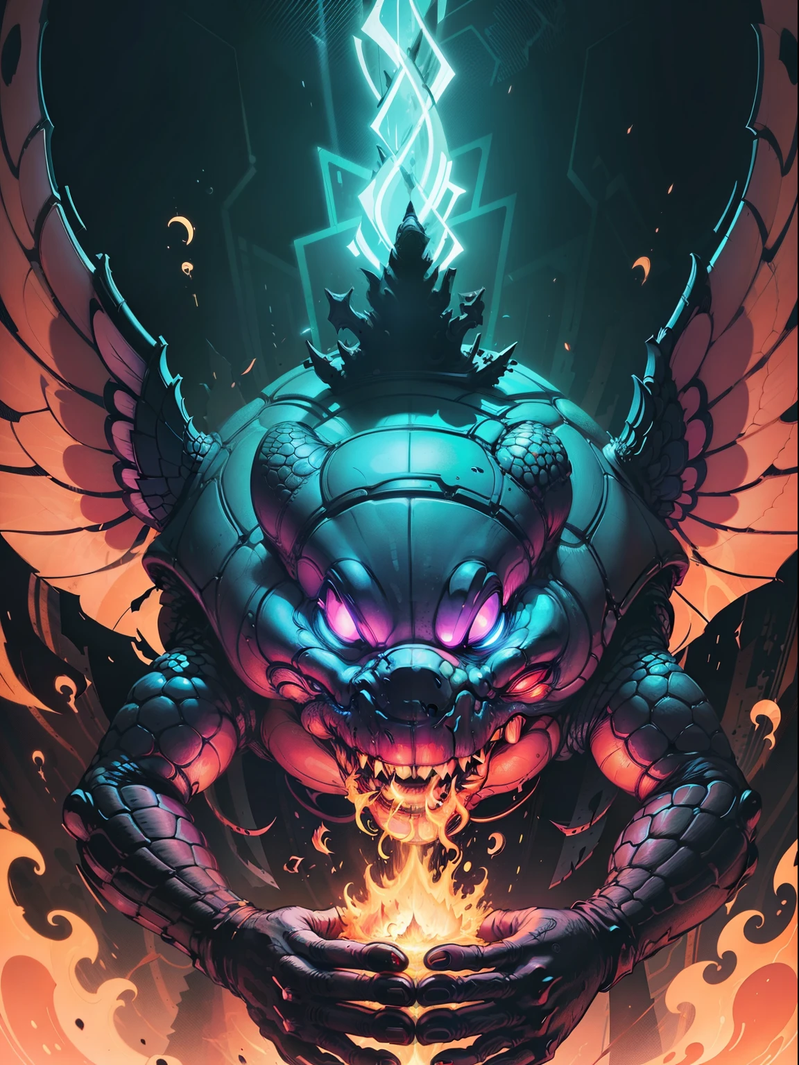 una imagen para camiseta, usando una tortuga enojado, Elementos futuristas, Ciber, sharp colors, Focus on lighting, auto resolution, epic illustration