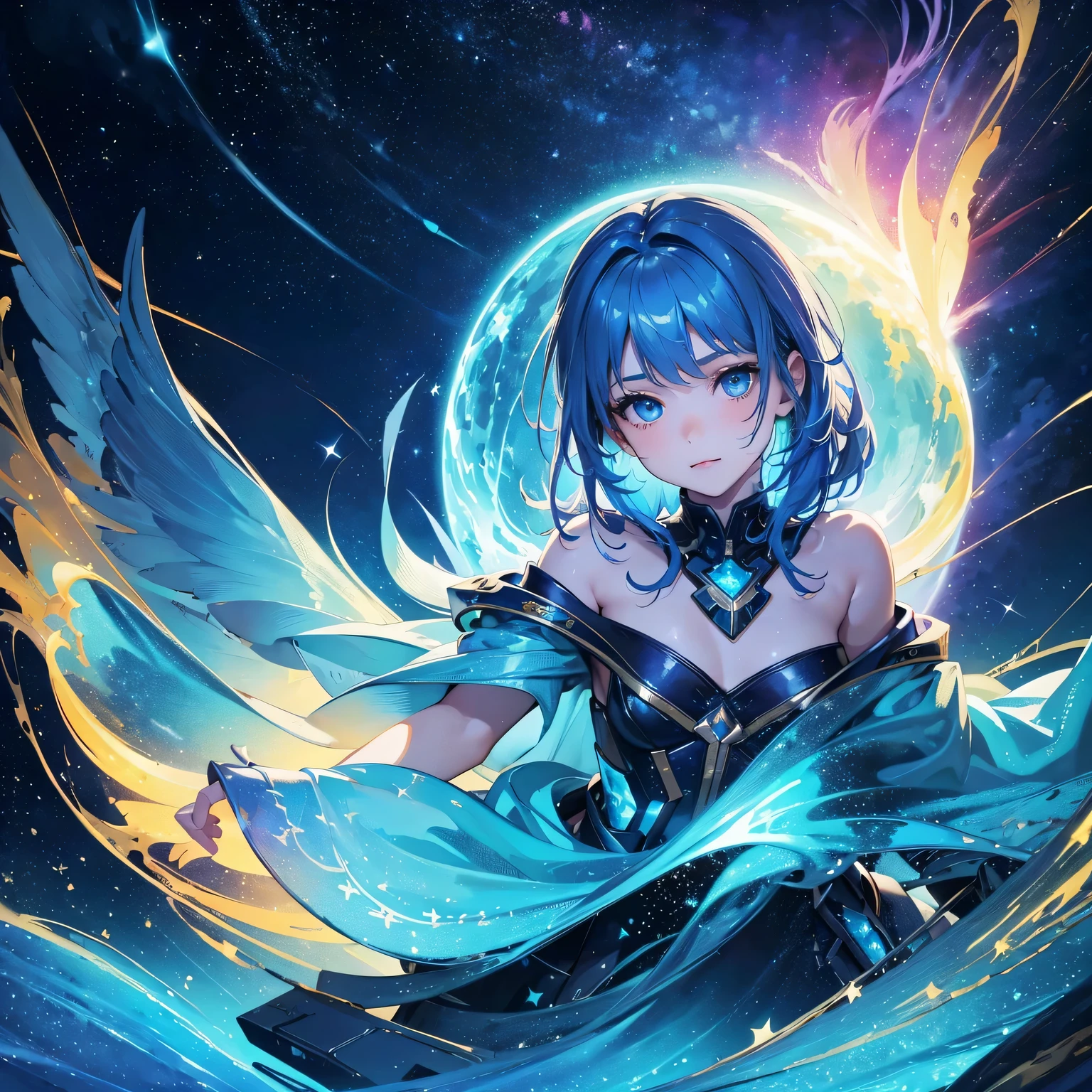 ( high quality , Super detailed, careful with hand )Zodiac Sign - Sagittarius Goddess , Similar to Latin goodness . Optimistic, fair heart, funny and intelligent face . Reckless, Ruthless, impatient, overconfident style . dark blue eyes (eye details) , Shiny deep blue hair , Transparent Dress , In the sea with stars , whole body , fire makeup look , god chiron