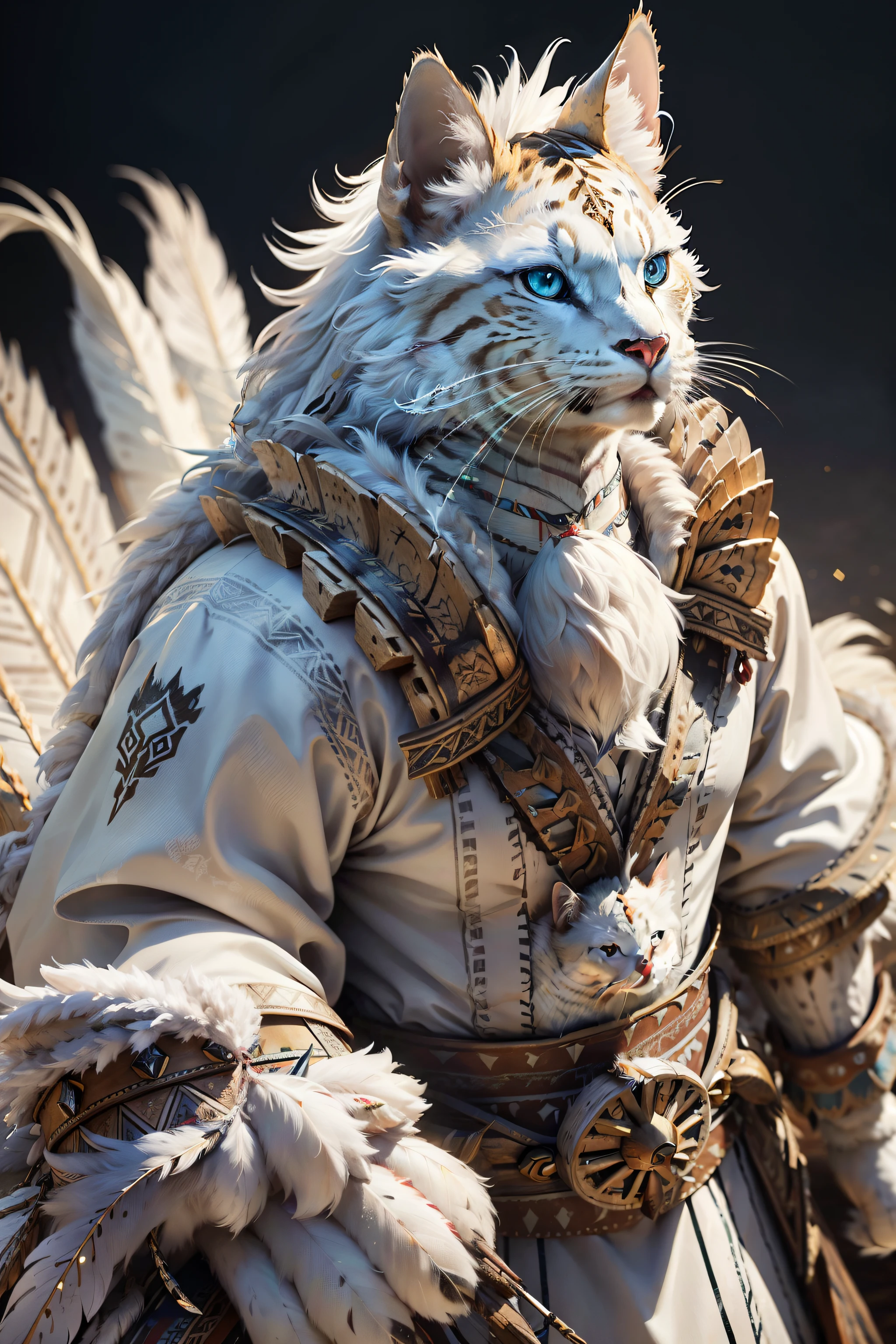 An anthropomorphic dignified white cat sits with a happy expression, Decorated with intricate feathers and battle paint. wearing western clothes, This majestic feline embodies the spirit of Native American tribes., Exudes wisdom and power.