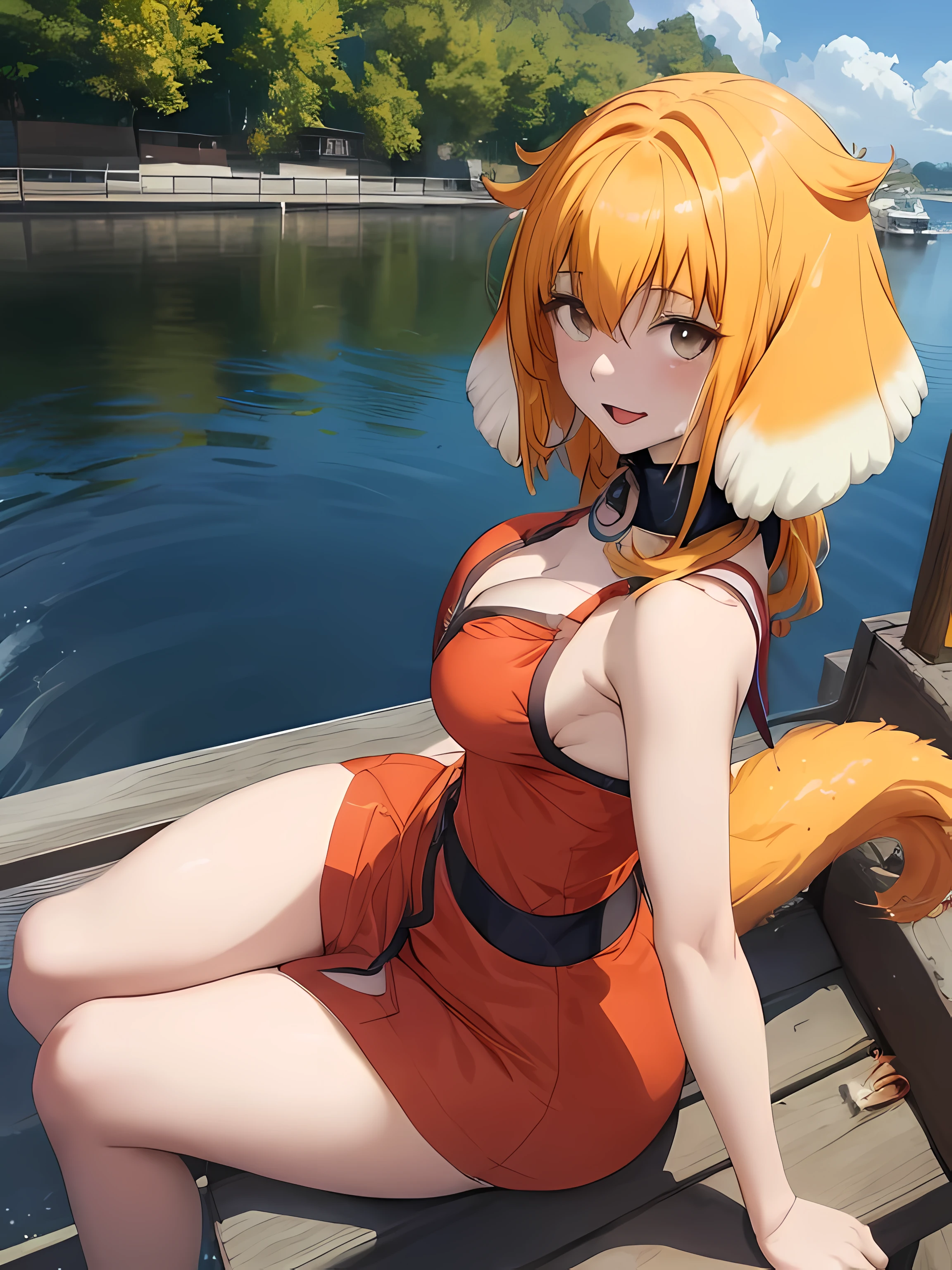 (roxanne:1.6), anime girl sitting on a dock in the water with her hands crossed, guweiz, artwork in the style of guweiz, seductive anime girl, 8k high quality detailed art, best anime 4k konachan wallpaper, top rated on pixiv, clean detailed anime art, 4k anime wallpaper, masterpiece, best quality, dog ears, collar, sundress, looking at viewer, very voluminous very fluffy very long dog tail, dog tail starts immediately above butt, dog tail starts from skin, entire dog tail visible, short hair, flushed skin, blushing face, lewd smile, slightly open mouth, gravure, pinup, very long legs, no ears