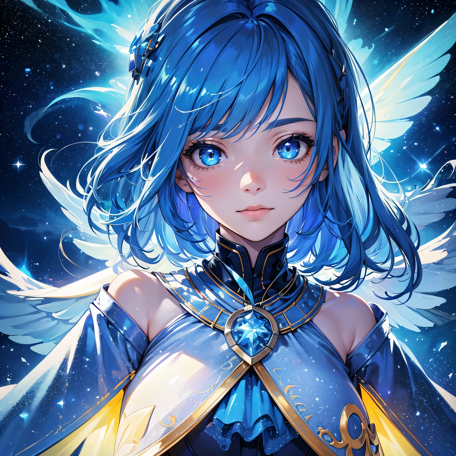 a with blue wings and blue hair, in a sea of stars, with a yellow lightning aura, (best quality, highres), ultra-detailed, (realistic:1.37), vibrant colors, mesmerizing lights, ethereal atmosphere, dreamy scenery, fantasy theme, enchanting beauty