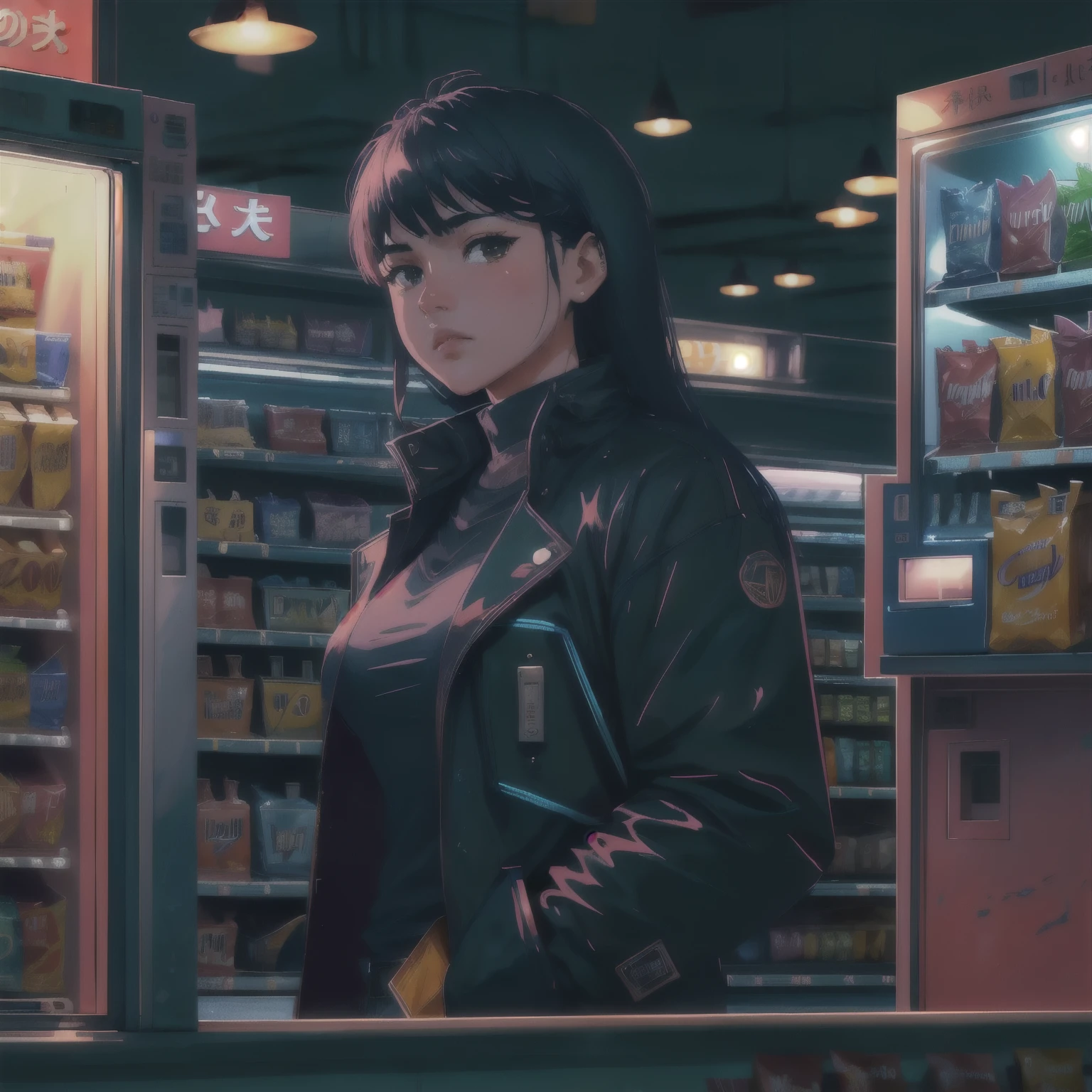 (high quality), vprwve_wnchlora, solo, looking at viewer, 1girl, jacket, vending machine, inside convenience store, (depth of field), 