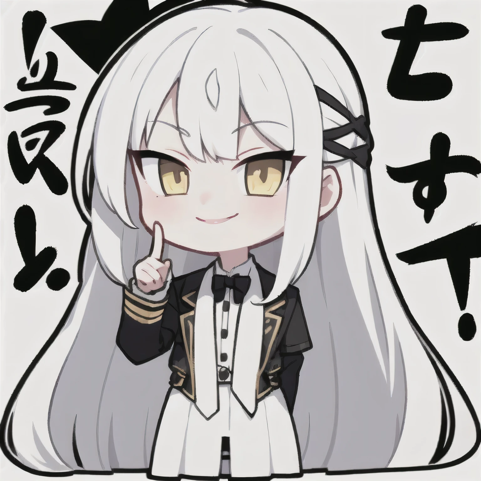 1girl, long hair, straight hair, white hair, black suit, yellow eyes, long sleeves, black tie, white background, chibi, index finger on lips, mischievous smile