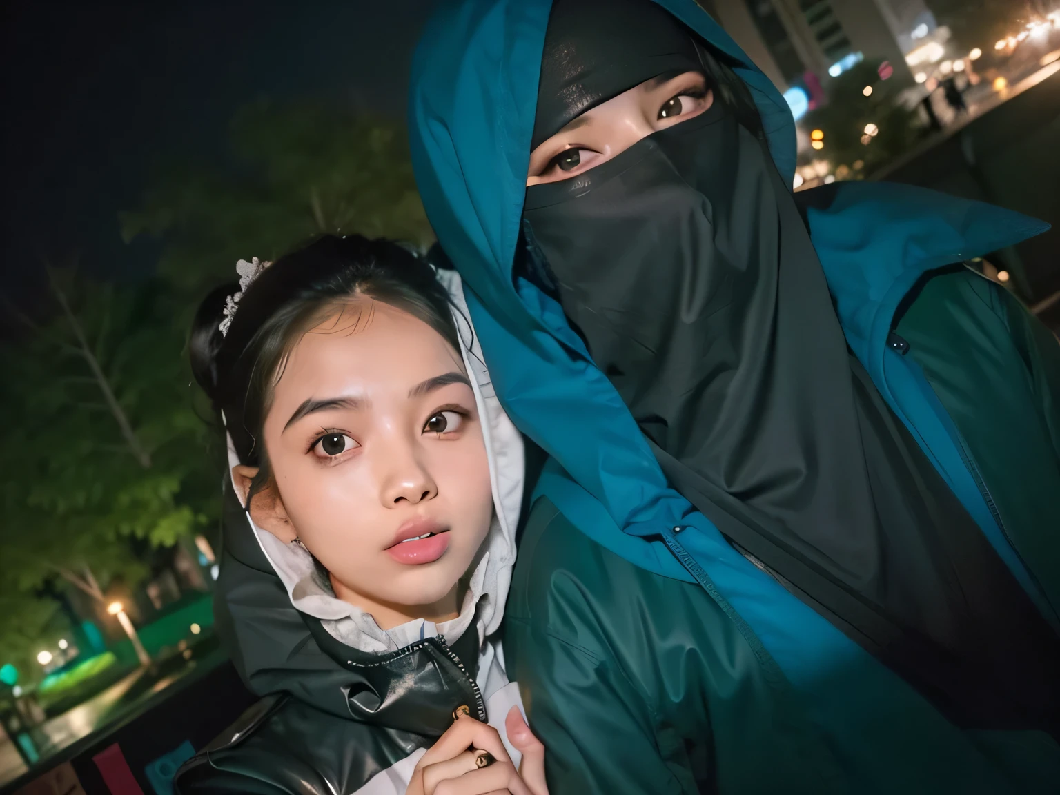 there are two people standing next to each other in the dark, profile picture 1024px, profile pic, photo taken in 2 0 2 0, face covered, beautiful burqa's girl, profile shot, profile picture, profile image, very very low quality picture, high quality upload, snapchat photo, couple, ghutra and egal