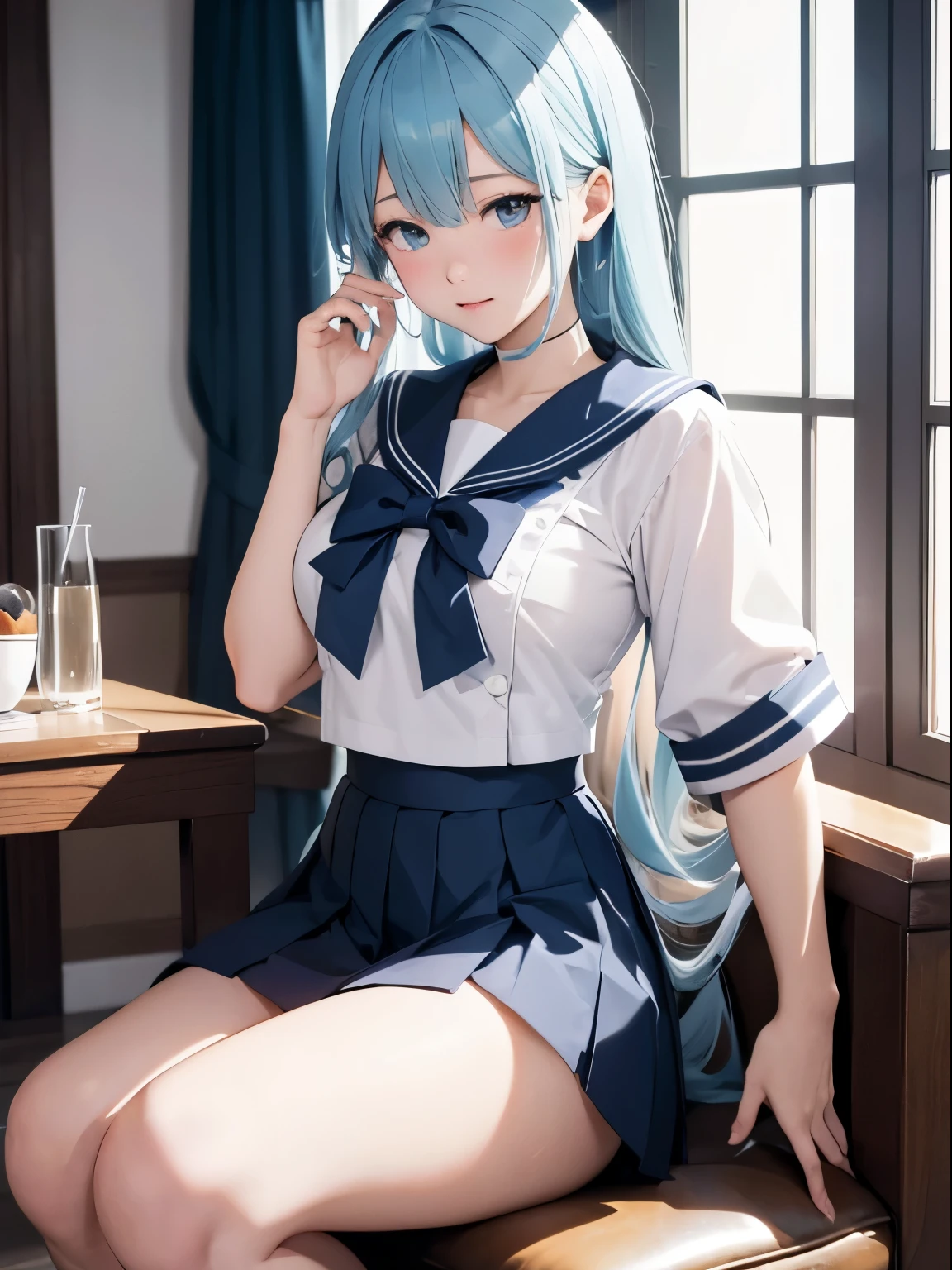 sailor suit、、pleated skirt、loose socks、Hatsune Miku、((The beauty of the emperor sitting on a luxurious chair))、8K high quality、Super realistic details、table top、3D rendering、(Sexy costume with wide open chest)、detailed face、intelligent and beautiful face、detailed body、detailed hands、highest quality、best style、bright light、blur the background、