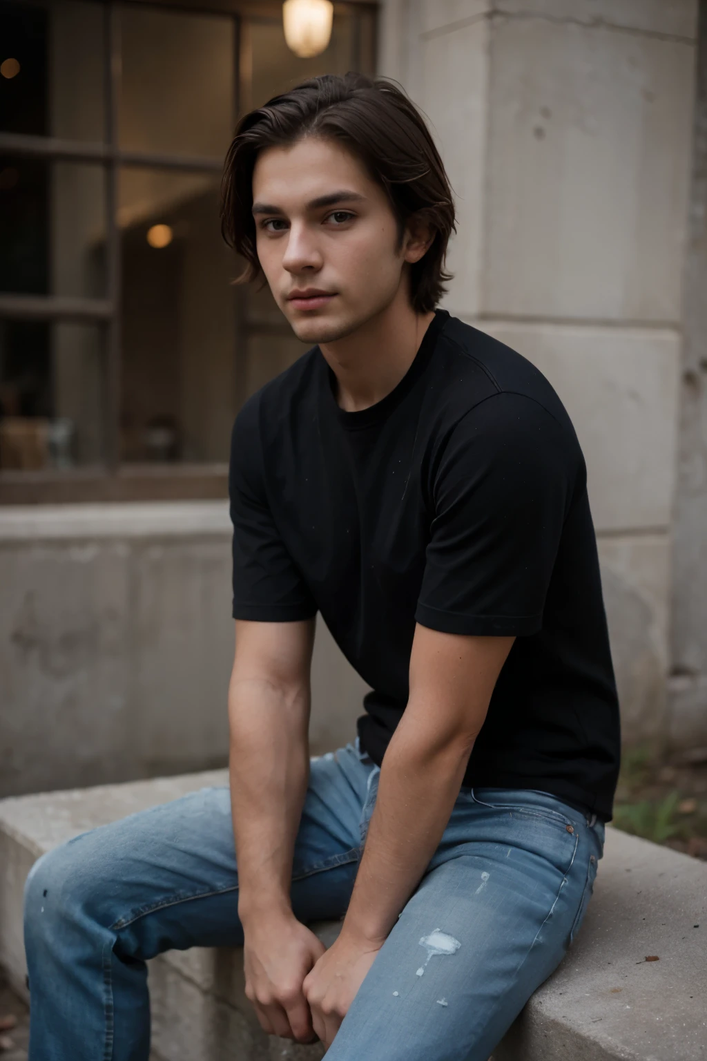 a boy with small beard hair sitting in dark realistic, Black Shirts,Jeans paints