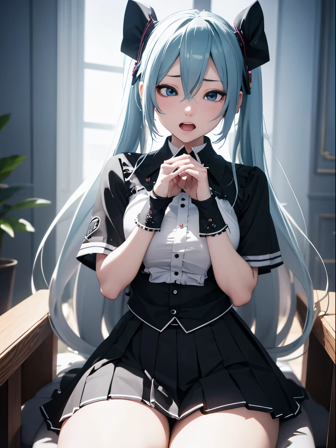 throne、drunk、cross-eyed、Ahegao、black shirt、pleated skirt、loose socks、Hatsune Miku、8K high quality、Super realistic details、table top、3D rendering、detailed body、detailed hands、highest quality、best style、bright light、blur the background、gothic