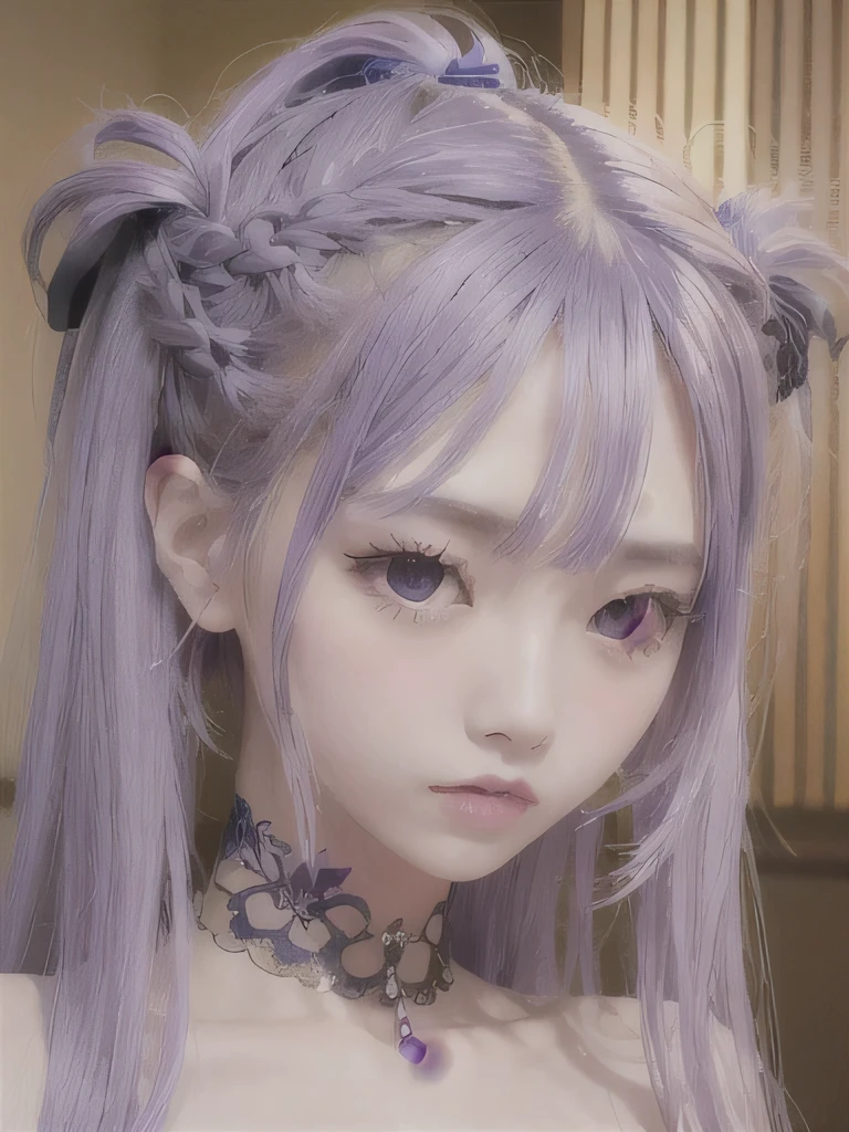 live-action、Realistic、A young girl standing in the grass、The age is６age、１６K、naked、Small breasts、completely naked、twin tails、bright purple hair、blue eyes、Purple Hair、elf ears、clavicle、young girl、completely naked、naked、young girl、Braid、ponytail、nipple、Ethnic tattoo on neck、upper body close-up、ethnic tattoo、