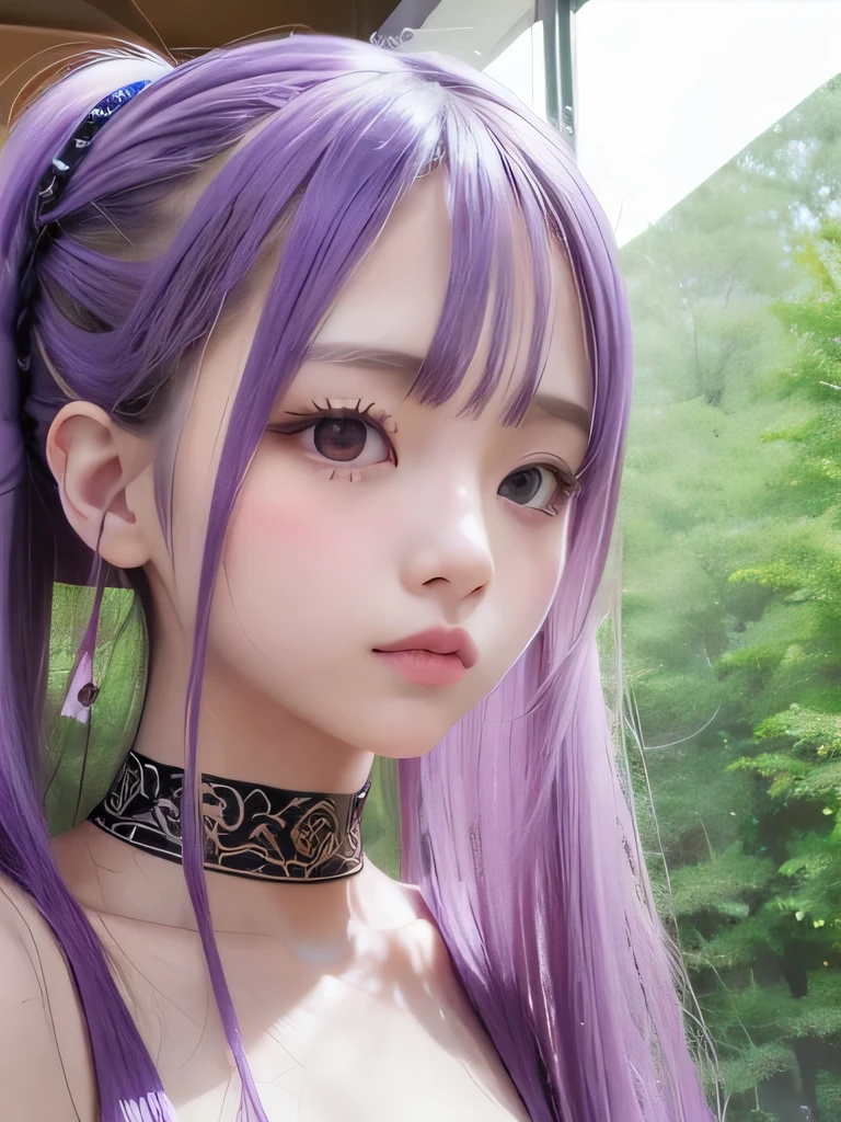 live-action、Realistic、A young girl standing in the grass、The age is６age、１６K、naked、Small breasts、completely naked、twin tails、bright purple hair、blue eyes、Purple Hair、elf ears、clavicle、young girl、completely naked、naked、young girl、Braid、ponytail、nipple、ethnic tattoo on neck、upper body close-up、ethnic tattoo、tattoo、tattoo on neck、