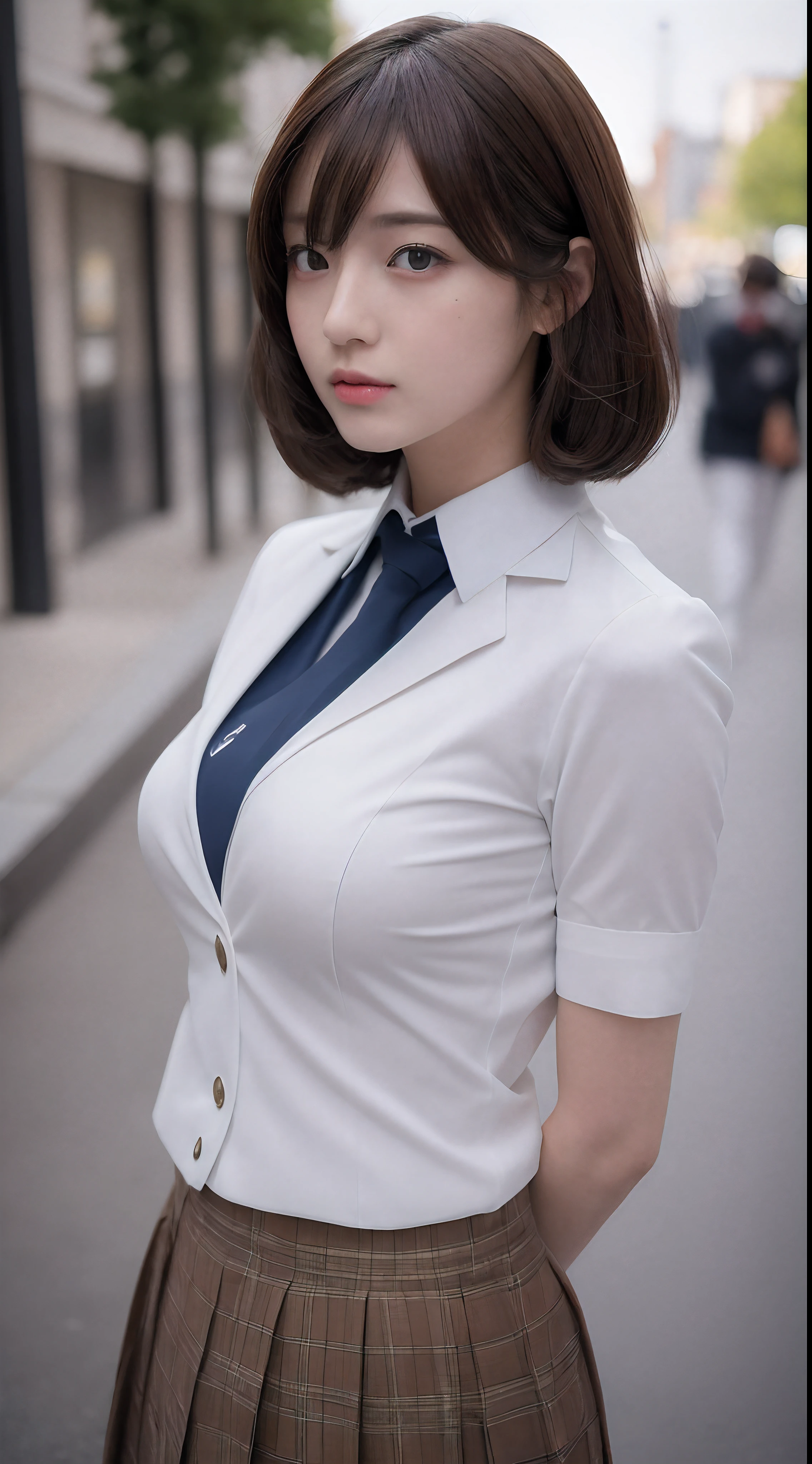 ((highest quality、8K、masterpiece:1.3))、sharp focus:1.2、完璧なスタイルの美しいwoman:1.4、thin abs:1.2、((dark brown hair、huge tit:1.2))、(natural soft light、city street:1.1)、Highly detailed face and skin texture、detailed eye、double eyelid、uniform cosplay、woman, 24-years-old