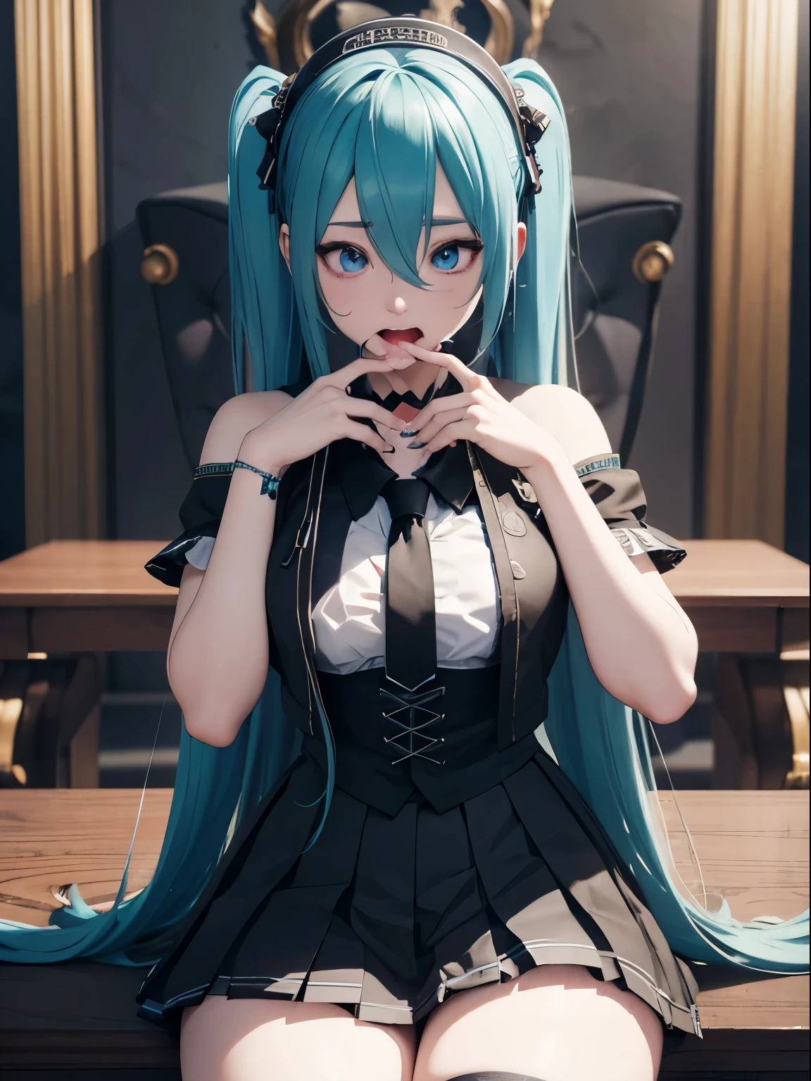 throne、drunk、cross-eyed、Ahegao、black shirt、pleated skirt、loose socks、Hatsune Miku、8K high quality、Super realistic details、table top、3D rendering、detailed body、detailed hands、highest quality、best style、bright light、blur the background、gothic