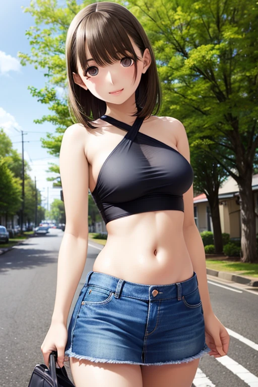 nfsw、
masterpiece, highest quality,
alone, cowboy shot,, No bra ,(Chibi:1.2), curved body, ((black halter neck shirt、break denim micro mini skirt)), belly button,Honey smile , outdoor, Are standing