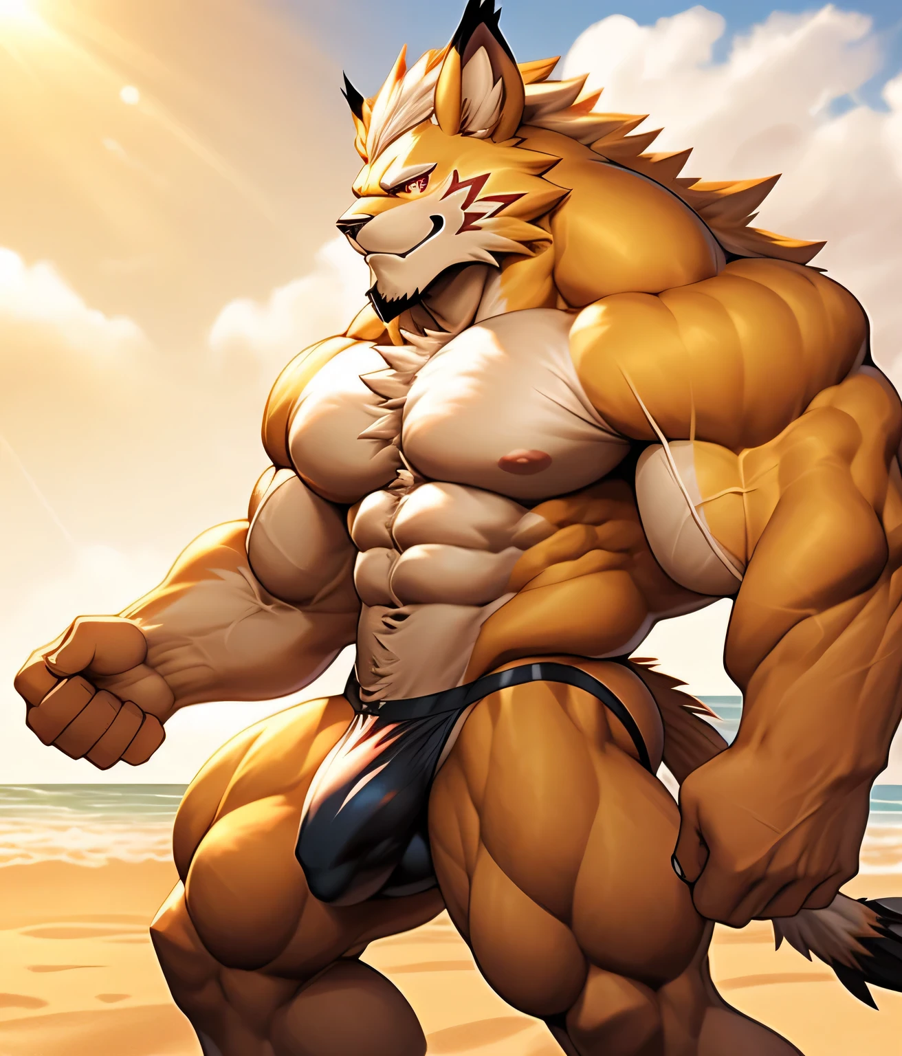 PRO competitive bodybuilder, young, , nj5furry, (leomon, massive, huge, muscular, gigachad), leomon, ((extremely realistic shadows, masterpiece, extremely detailed, photorealistic)), kemono, leomon, pokemon, digimon, ((detailed face)) nose, red eyes, ((detailed eyes)), skin, fur, mane, height 3 meters high, the optimal height, tight clothing, 400 kg, body full of huge muscles; muscle and bulge pecs, ripped abs, V-shaped body, thick waist, long legs, strong arms manly, handsome face, attractive cool calm face type with a cold smile, topless. (((BACK))) huge muscular thighs firm, round buttocks and round butt in with his back against the background beach, sun, sun rays, clouds; bulge in the crotch, (nice bulge) wears a tight and very revealing string thong. that reveals huge, muscular thighs, bulge biceps. (((wears a tight, revealing string thong))) A muscle bodybuilder in the making. A potential PRO competitive bodybuilder and bulged neck. Gigachad.