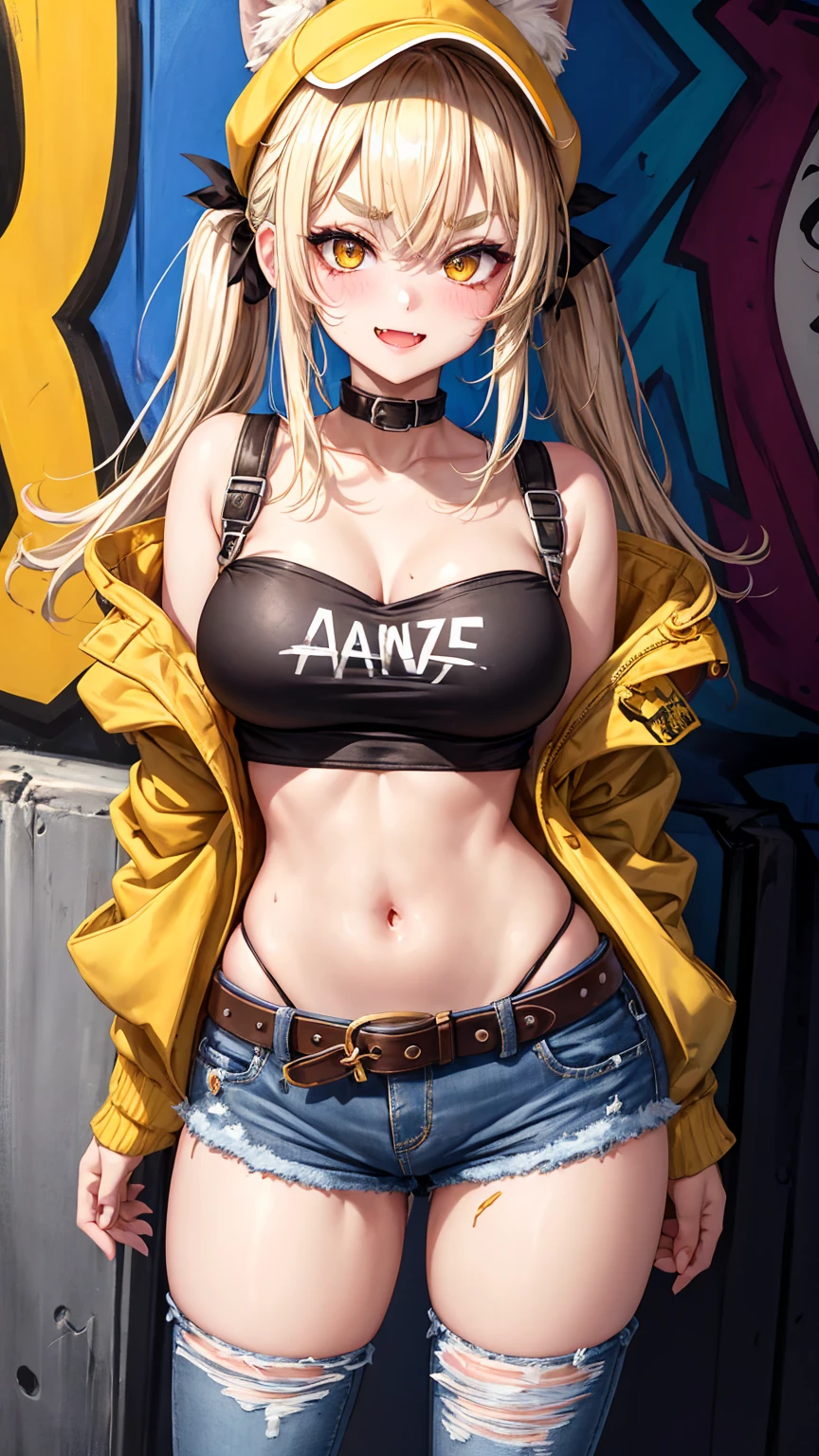 original character, volume lighting, best shadow, shallow depth of field, Portrait of an amazingly beautiful girl, , Delicate and beautiful charming face with enchanting yellow eyes, Messy painted face, sharp eyebrows, big smile, open your mouth, fang out, nice medium chest, Layered long twin tail blonde, blush eyeshadow, thick eyelashes, apple jack hat, oversized pop jacket, Mini Underbob T-Shirt, open the navel, slim waist, denim jeans pants, with buckle belt, At Graffiti Alley, waste container, Outer phase, The outdoor unit, holds spray can, Are standing, (highest quality, amazing details:1.25), (alone:1.3), vivid colorful paintings