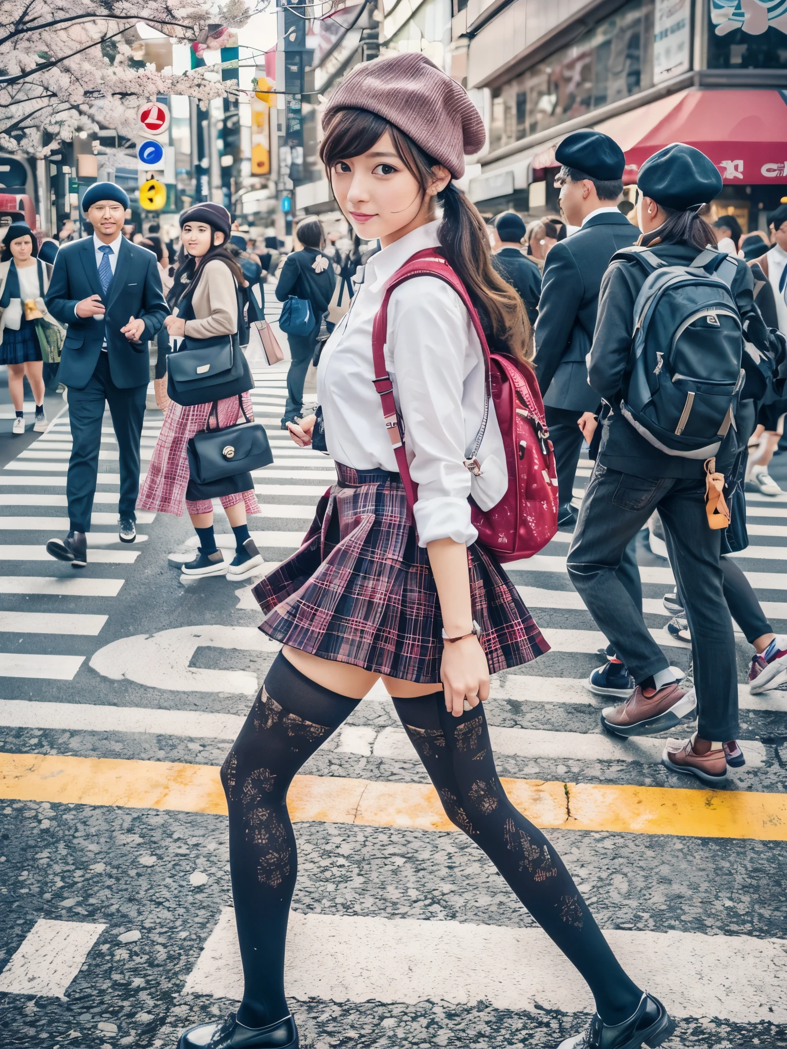 (Realistic, ultra detailed, beautiful, best quality:1.2), 1 girl, solo shot, //Composition
A Tokyo high school girl, laden with a colorful backpack, navigates through a bustling Shibuya Crossing, her determined gaze fixed ahead amidst the chaos of commuters and neon lights,
//Attire
She wears a crisp white blouse paired with a pleated black skirt, knee-high socks adorned with playful cherry blossom patterns, and classic black Mary Jane shoes. A quirky touch is added with a bright yellow beret perched atop her head,
//Model
With lively brown eyes and long chestnut hair tied up in a high ponytail, she exudes youthful energy as she confidently strides through the urban landscape,