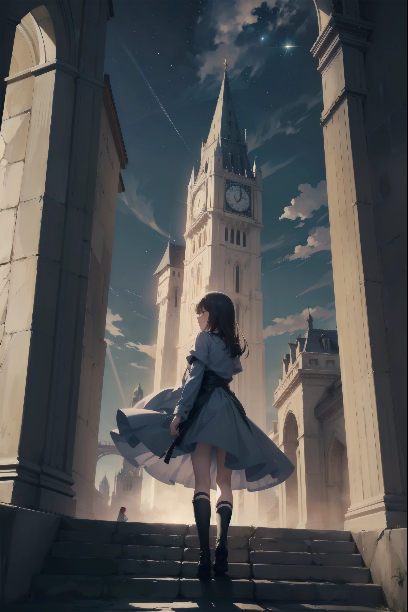 Girl looking up
Scene 1: Twilight tower shadow
The girl stands quietly against the sky, which is dyed an azure colour. Towering up in front of her is a huge structure called the Tower of Babel. Its form, which seems to pierce through the clouds, seems as if it is about to reach the heavens.
The girl's gaze is directed towards the top of the tower. The tower, shrouded in evening darkness, creates a fantastic atmosphere. The surface of the tower is engraved with intricate patterns. It looks like ancient writing.
The girl seems to sense something deep within the tower. Is it the memory of a masterpiece story or a longing for an unknown fantasy world?
Scene 2: Memory of the starry sky
The girl stands at the top of the tower amidst countless twinkling stars in the night sky. At her feet, the lights of the city shine like jewels.
The girl closes her eyes and takes a deep breath. The scent of the night breeze is mixed with the old smell of the tower.
The girl's mind replayed a famous story. It was a story of adventure and friendship that the girl read as a .
The hero of the story, like the girl, climbed the Tower of Babel. There, she meets her friends and overcomes various difficulties.
The girl dreamed that one day she, like the hero, would go on an adventure.
Scene 3: The promise of the morning glow
The girl left the tower just as the light of the morning sun was illuminating it. Looking back, the tower shone in the morning sun and even looked divine.
The girl decides that one day she will climb this tower again. And when she does, she vows to spin out the rest of the masterpiece's story.
Step by step, the girl walked into the future.