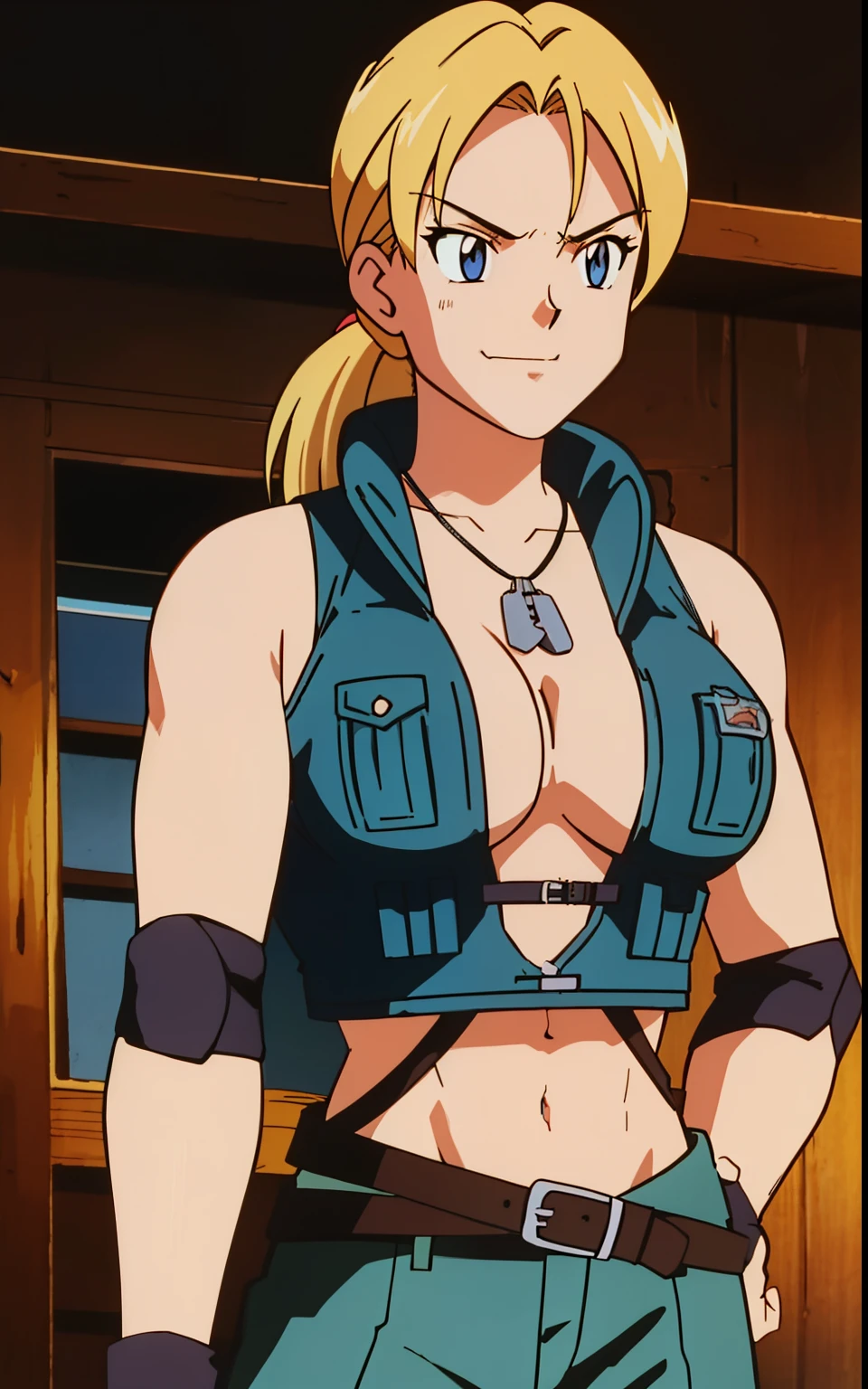 1girl, cowboy shot, sonyablade, cleavage, vest, abs, boots, cleavage, dog tags, fingerless gloves, midriff, navel, pants, knee pads, hand on hip, smirk, (huge breasts: 1.3),((upper body: 1.3)), crop top, ponytail,blue eyes, blonde hair, blue eyes, masterpiece, best quality (insanely detailed, beautiful detailed face,beautiful detailed eyes, masterpiece, best quality), anime screencap, 1990s_\(style\),solo,