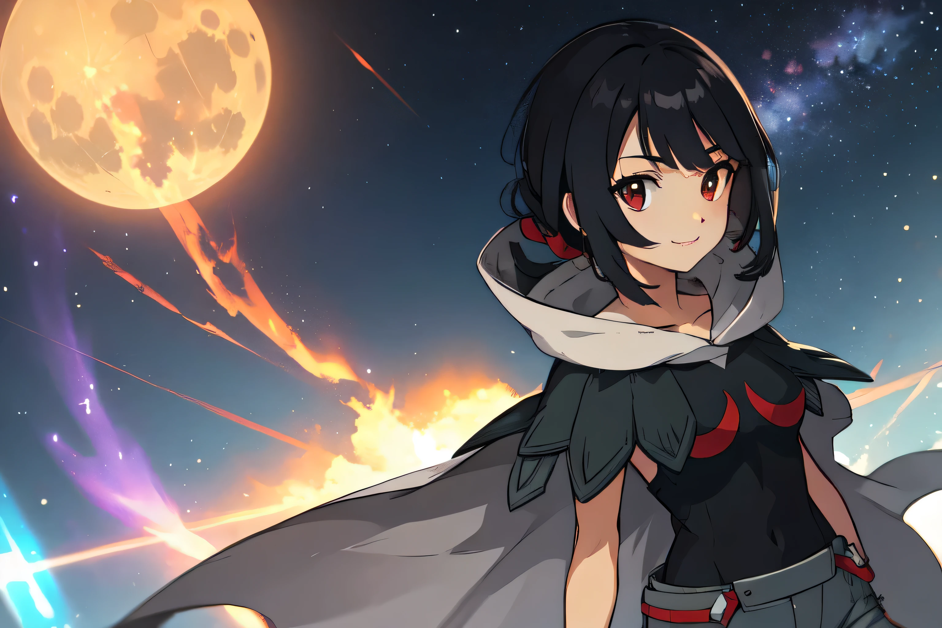 zinnia \(pokemon\) , red eyes, grey shorts, black shirt, sleeveless, cape, nightsky , guard rail ,moon,   best quality, (extremely detailed:1.4)  ,illustration, mysterious, vivid_color, shiny,, Dynamic actions , Lens perspective  , volumetric lighting , detailed eyes, hyper detailed ,  beautiful, small details, ultra detailed, intricate, 4k, 8k, good anatomy, beautiful lighting, smiling, night sky, meteor