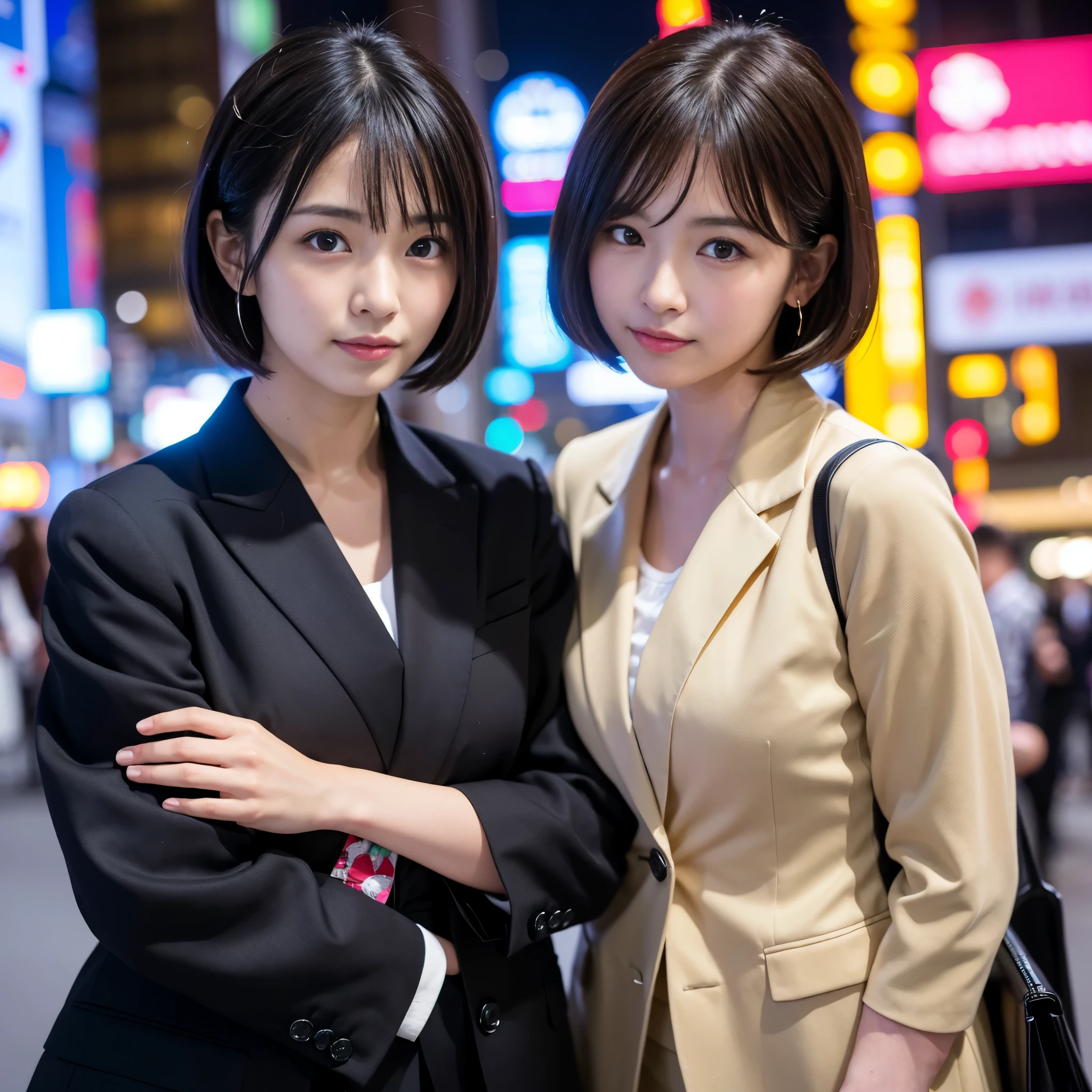 Best-quality, Masterpiece, Ultra-High-Resolution, (Photorealistic:1.4), Raw-Photo,
A lesbian couple, 18-years-old girl and 25-years-old woman, Late at night, In spring, At Hiroshima's entertainment distric,
(The 18-year-old girl, the most famous Japanese idol, wearing spring-clothes with cute-design, extremely beautiful black-short-cut-haired, extremely cute face like the most popular Japanese idol, extremely beautiful big-black-eyes),
(The 25-year-old woman, the most famous Japanese actress, wearing business suit with stylish-design, extremely beautiful brown-long-hair, extremely beautiful face like the most popular Japanese actress, extremely beautiful big-black-eyes),
detailed spring-clothes-with-cute-design,
detailed business-suit-with-stylish-design