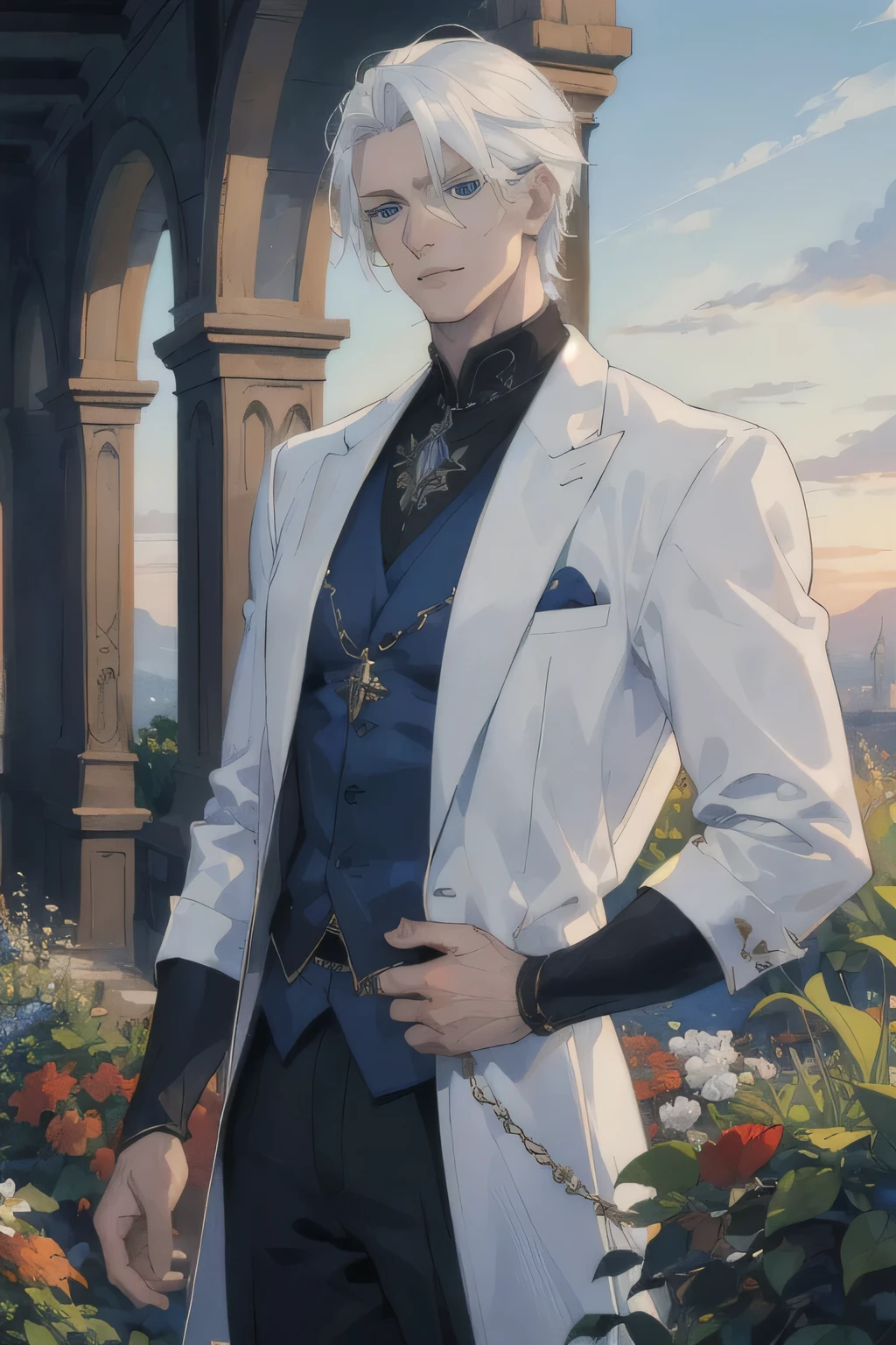 ((masterpiece:1.2, best quality)), 4k, adult, european face, 1man, male, mature, aged up, handsome, verytall, muscles, broad shoulders, white skin, middle white hair, blue eyes, portrait, sunset, garden
