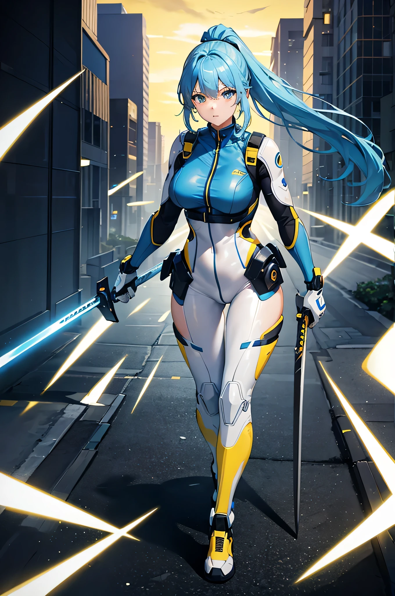 4k,High resolution,one woman,light blue hair,long ponytail,big breasts,Yellow, tight-fitting cyber suit,Japanese sword,city of the future,night sky