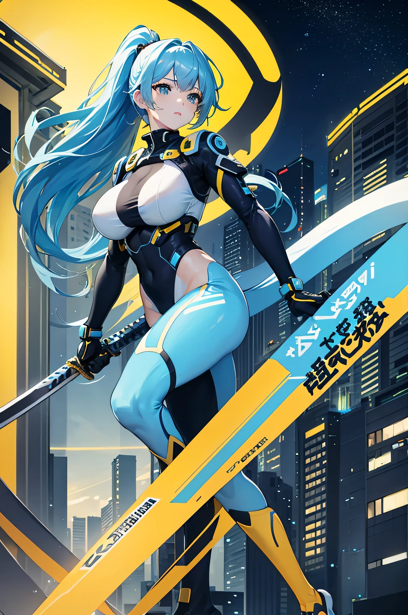 4k,High resolution,one woman,light blue hair,long ponytail,big breasts,Yellow, tight-fitting cyber suit,Japanese sword,city of the future,night sky