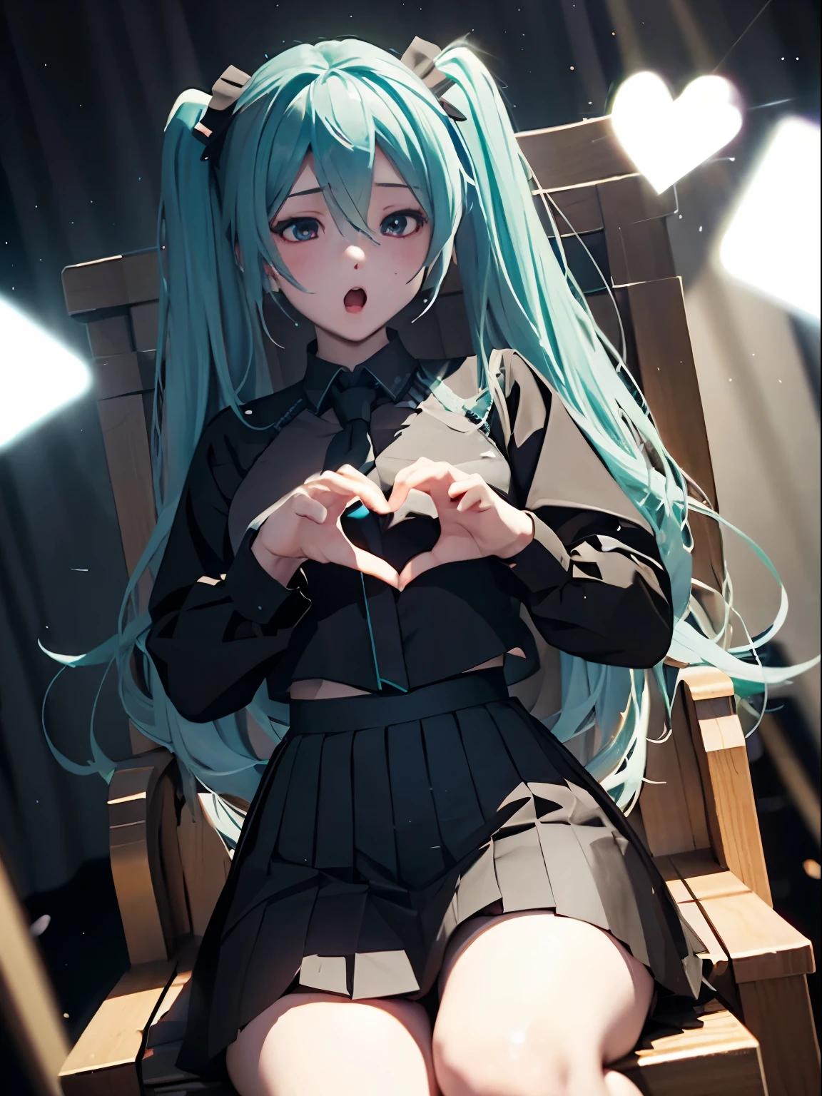 heart hand、throne、drunk、cross-eyed、Ahegao、black shirt、pleated skirt、loose socks、Hatsune Miku、8K high quality、Super realistic details、table top、3D rendering、detailed body、detailed hands、highest quality、best style、bright light、blur the background、gothic