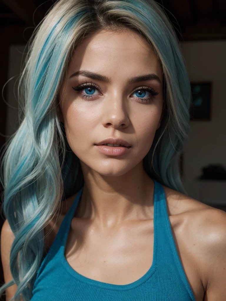 Hermosa chica de pelo rubio, maquillaje profesional, extremadamente detallado, piel realista, ojos hermosos, sin imperfecciones, mirada seductora, con un top azul