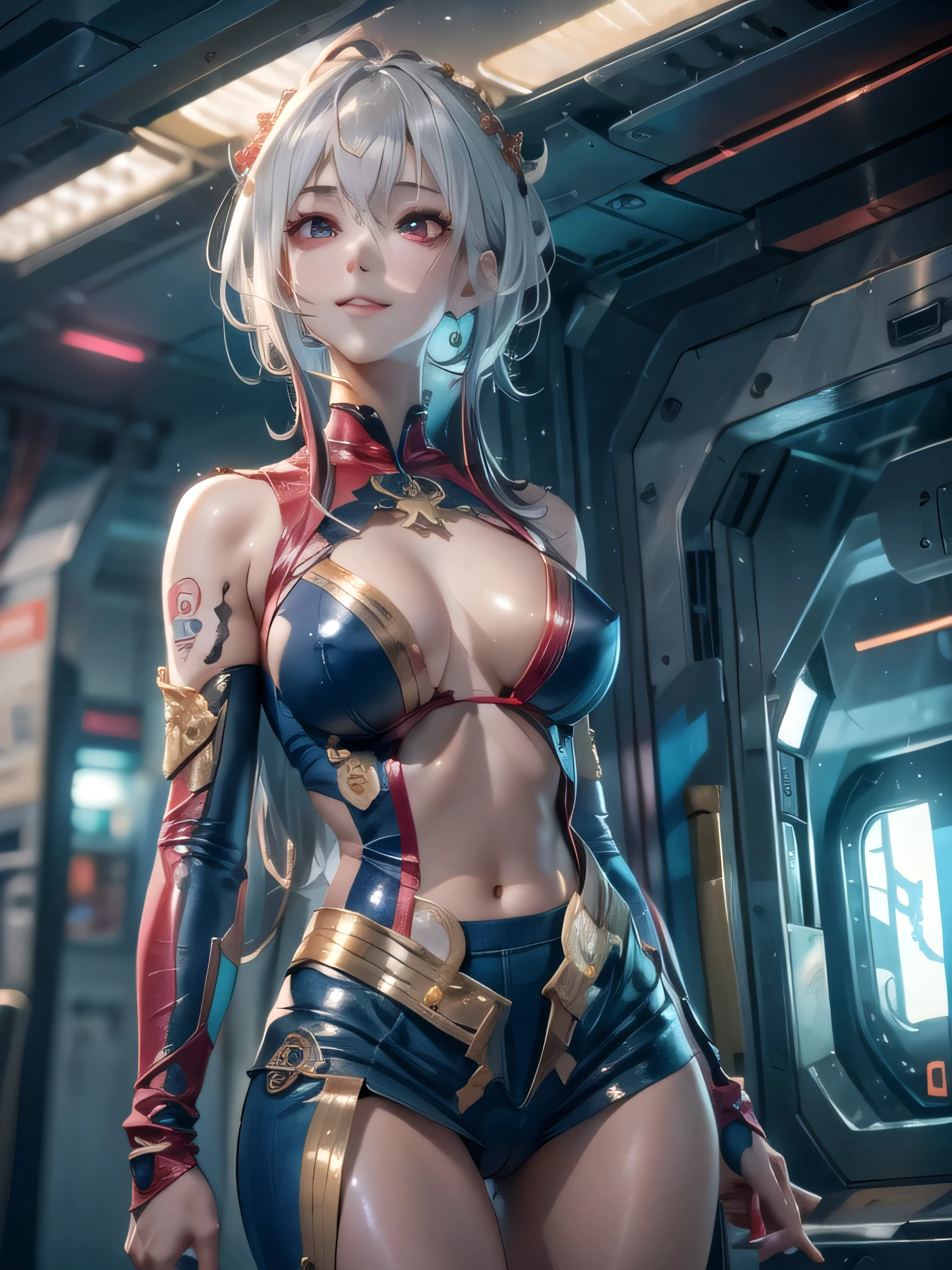 (photorealistic:1.8, highest quality:1.8,8K masterpiece:1.8,High resolution,muste piece:1.8,RAW Photos,cinematic lighting),No split screen, cyber punk、Highway at night、rain-soaked ground、
(1 android girl:1.3)、Completely naked、Full body tattoo、choker、beautiful breasts、T-shirt、denim mini skirt、beautiful butt、beautiful thighs,plump nipples、Nipples are visible through the costume,cameltoe,Body painting with a pop design drawn all over the body、pop art design、cutting edge fashion、conceptual art、
Provocative sexy poses、look back、spread your legs、Lift your leg high and kick、
(Beautifully shining vermilion, blue, white, gold and navy hair:1.5)、(Beautiful, shining red eyes:1.5)、Shy Smile