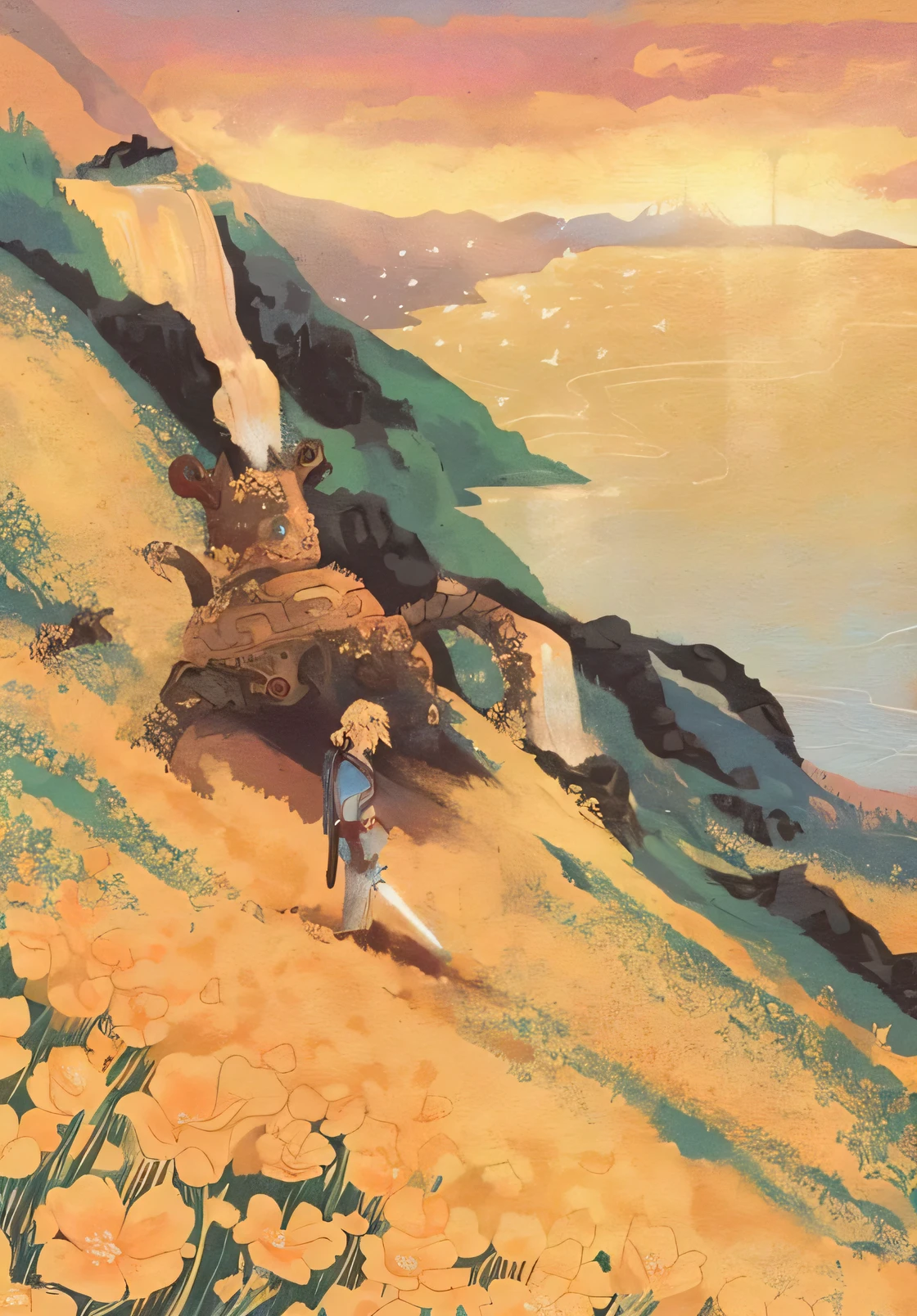 link standing next to a broken guardian in a field of yellow flowers
